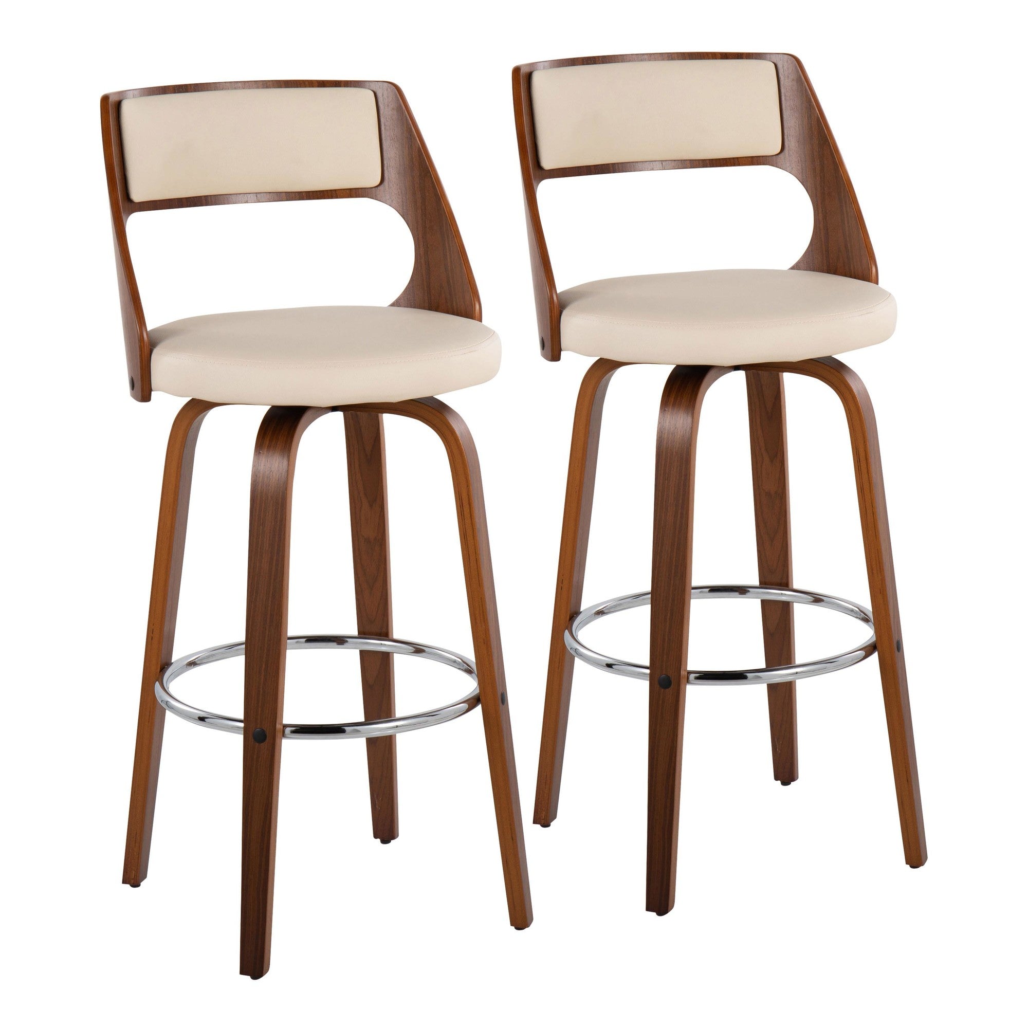 Cecina 30" Fixed-Height Barstool - Set of 2 - Walnut Wood, Cream PU, Chrome