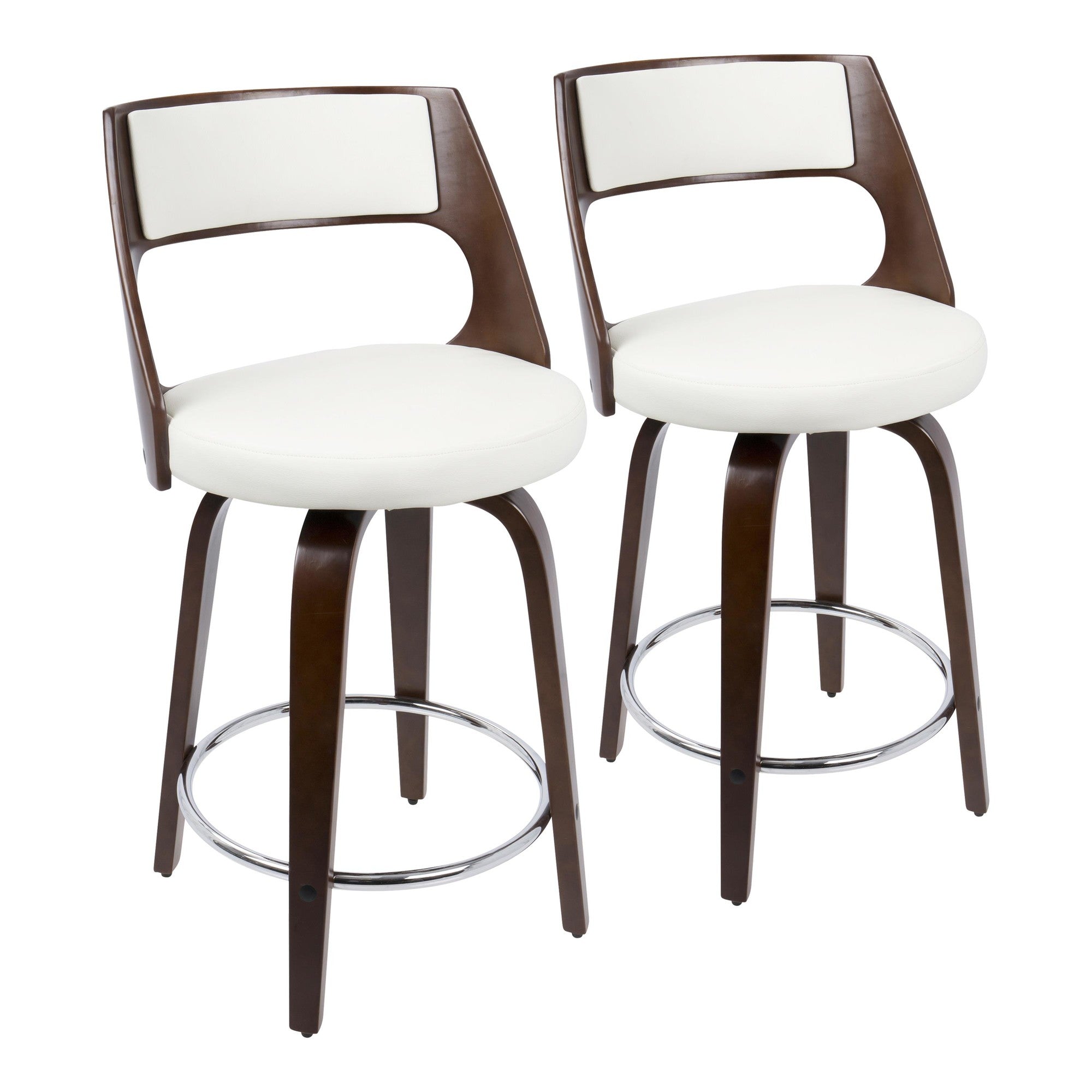 Cecina 24'' Fixed-Height Counter Stool - Set of 2 - Mahogany Wood, White PU, Chrome