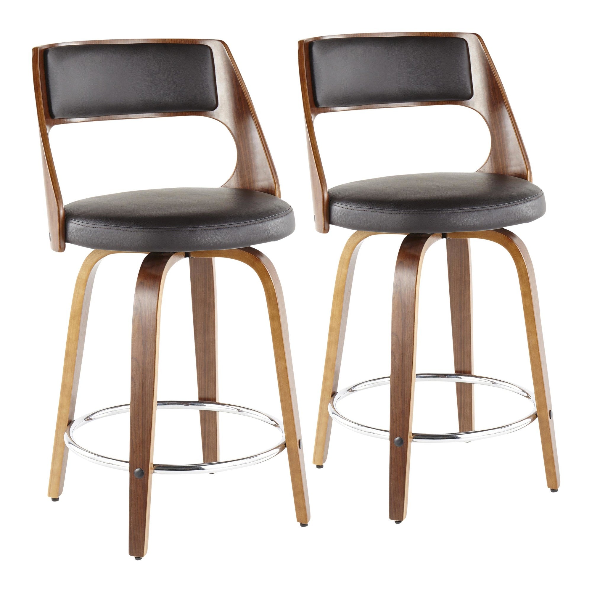 Cecina 24'' Fixed-Height Counter Stool - Set of 2 - Walnut Wood, Brown PU, Chrome