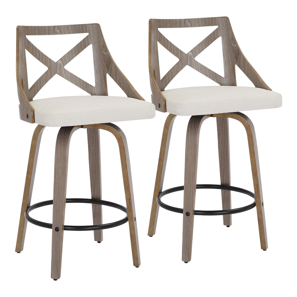 Charlotte 26" Fixed-Height Counter Stool - Set of 2 - Light Grey Wood, Cream Noise Fabric