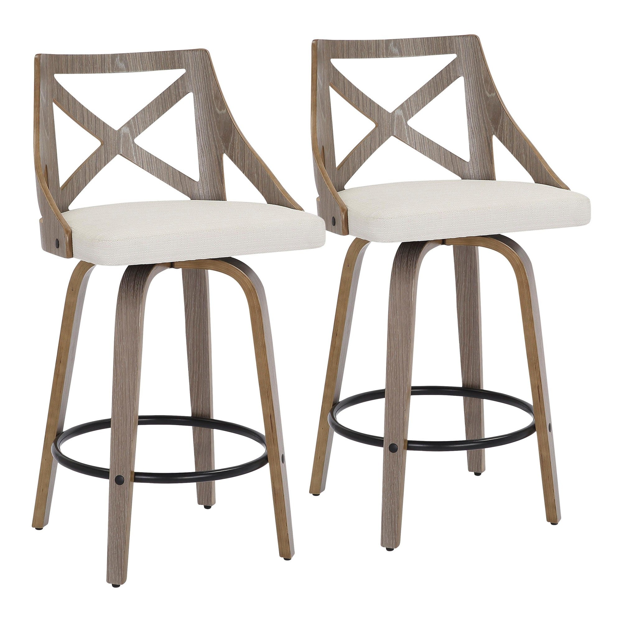 Charlotte 26" Fixed-Height Counter Stool - Set of 2 - Light Grey Wood, Cream Noise Fabric