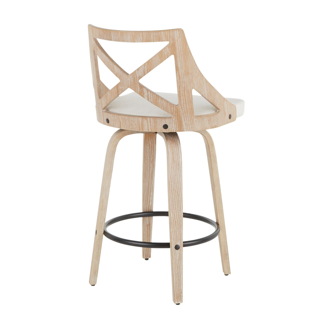Charlotte 26" Fixed-Height Counter Stool - Set of 2 - Whitewashed Wood, Black Metal, Cream Fabric