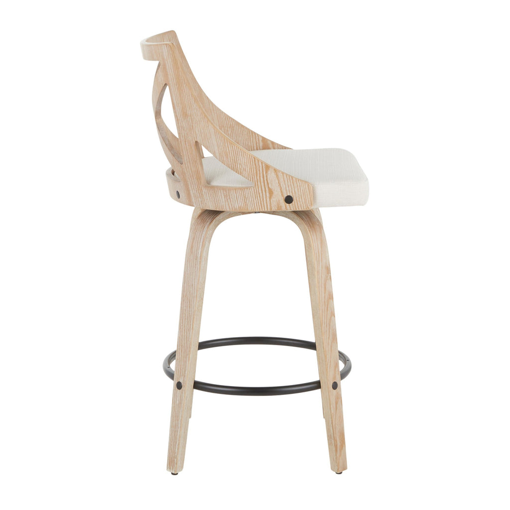 Charlotte 26" Fixed-Height Counter Stool - Set of 2 - Whitewashed Wood, Black Metal, Cream Fabric