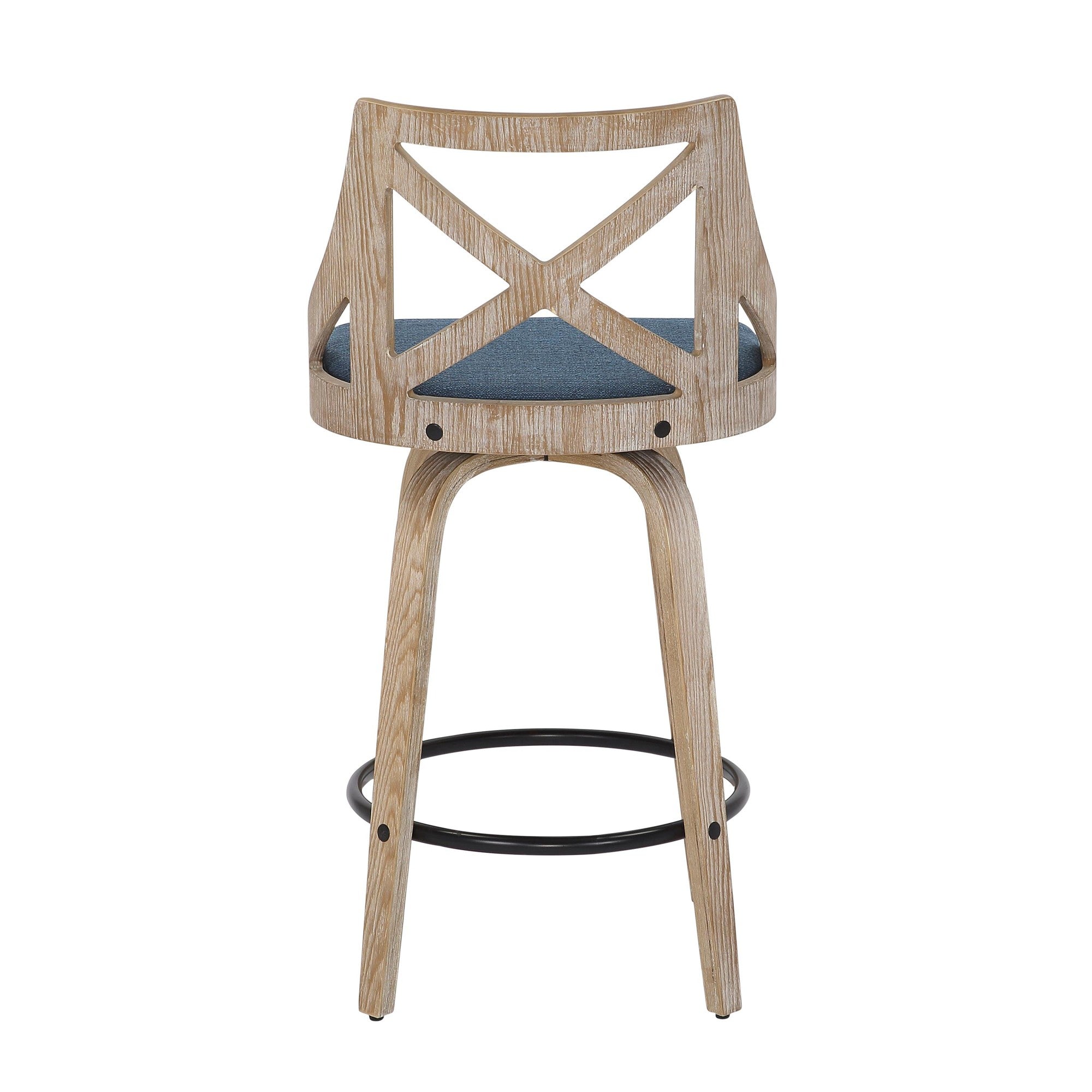 Charlotte 26" Fixed-Height Counter Stool - Set of 2 - Whitewashed Wood, Blue Fabric, Black Metal
