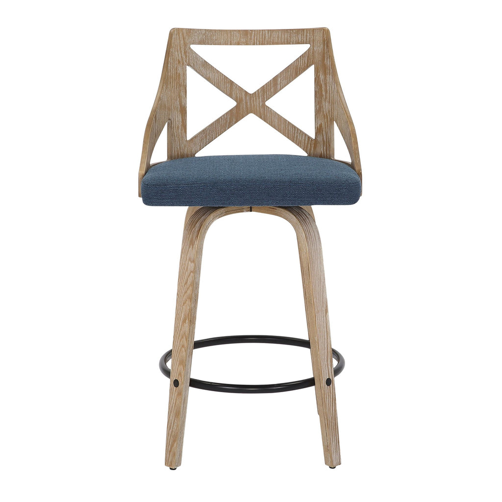 Charlotte 26" Fixed-Height Counter Stool - Set of 2 - Whitewashed Wood, Blue Fabric, Black Metal