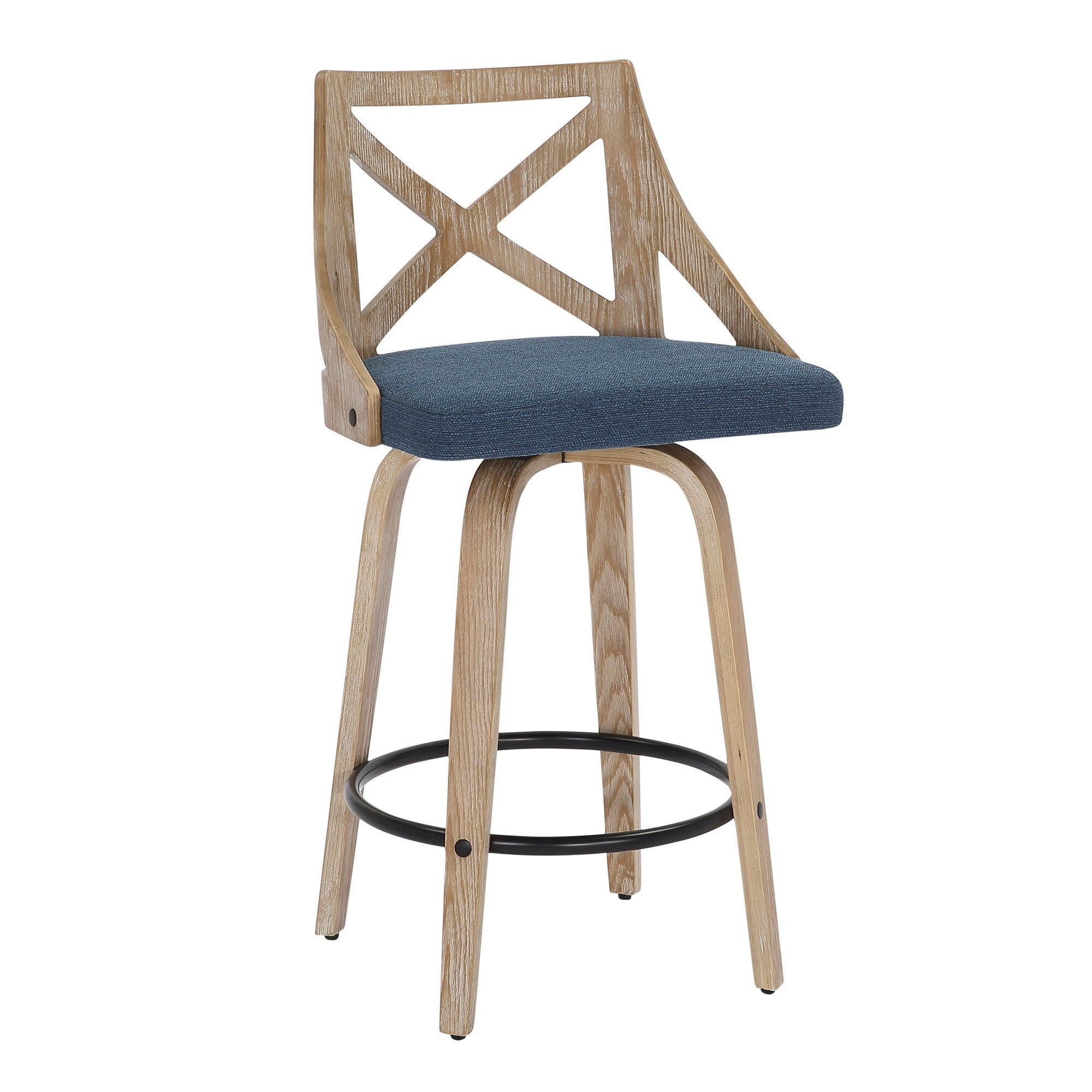 Charlotte 26" Fixed-Height Counter Stool - Set of 2 - Whitewashed Wood, Blue Fabric, Black Metal