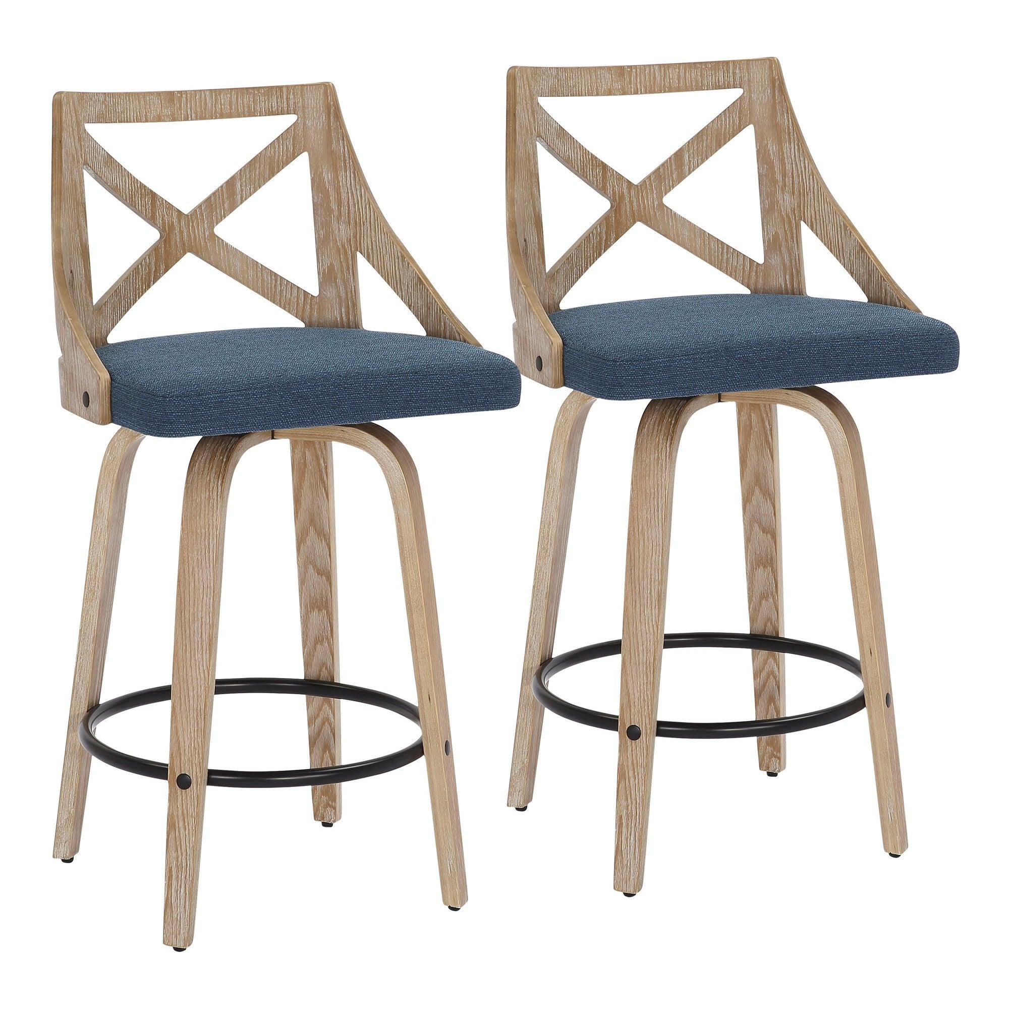 Charlotte 26" Fixed-Height Counter Stool - Set of 2 - Whitewashed Wood, Blue Fabric, Black Metal