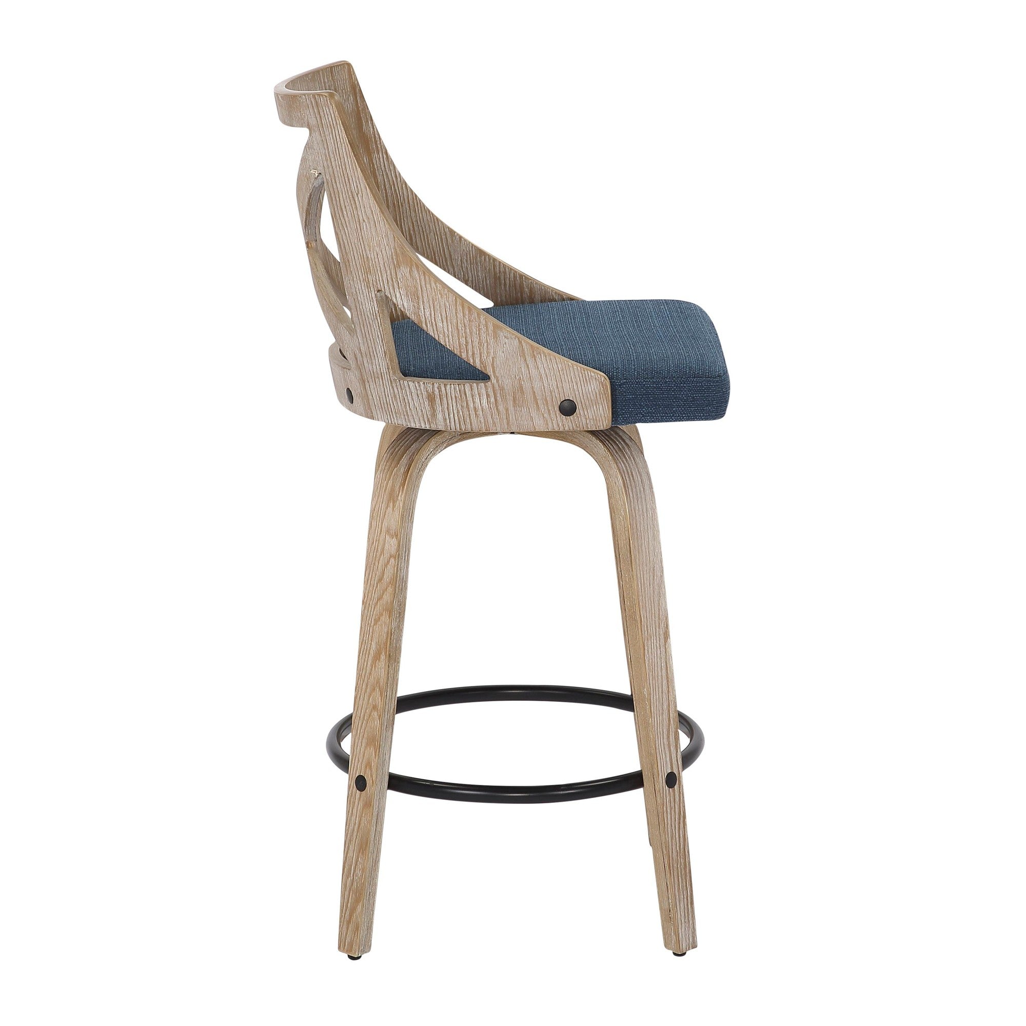 Charlotte 26" Fixed-Height Counter Stool - Set of 2 - Whitewashed Wood, Blue Fabric, Black Metal