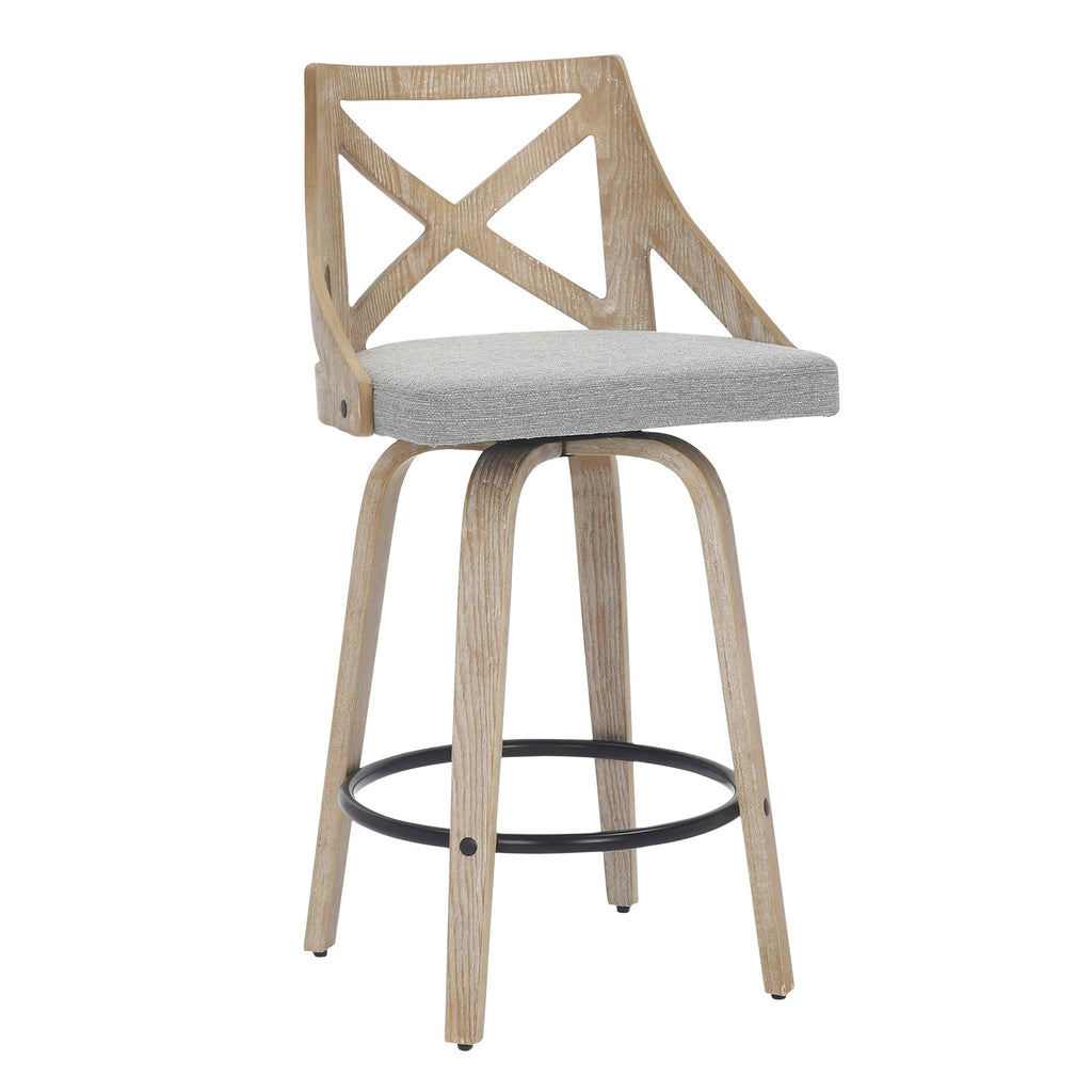 Charlotte 26" Fixed-Height Counter Stool - Set of 2 - Whitewashed Wood, Light Grey Fabric