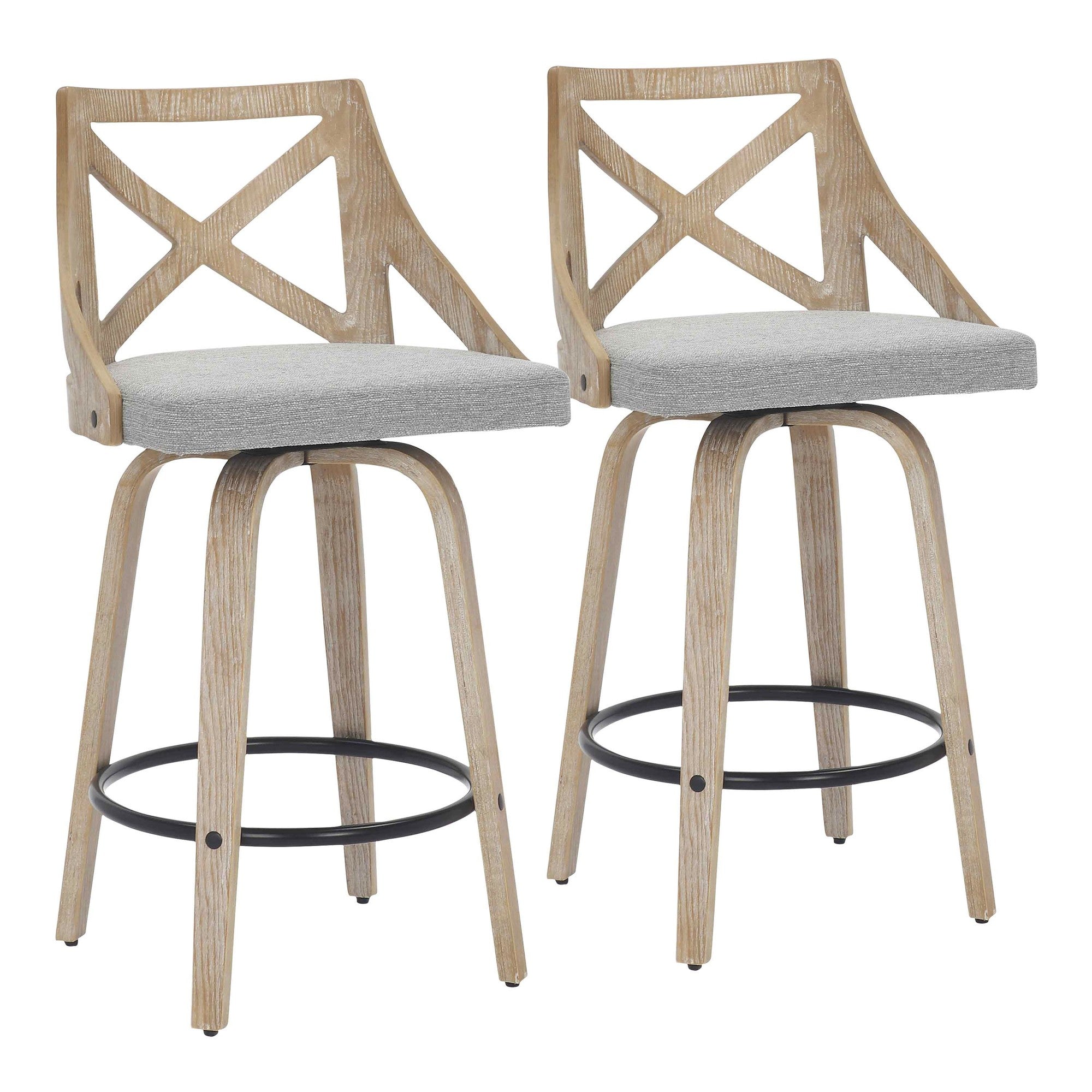 Charlotte 26" Fixed-Height Counter Stool - Set of 2 - Whitewashed Wood, Light Grey Fabric