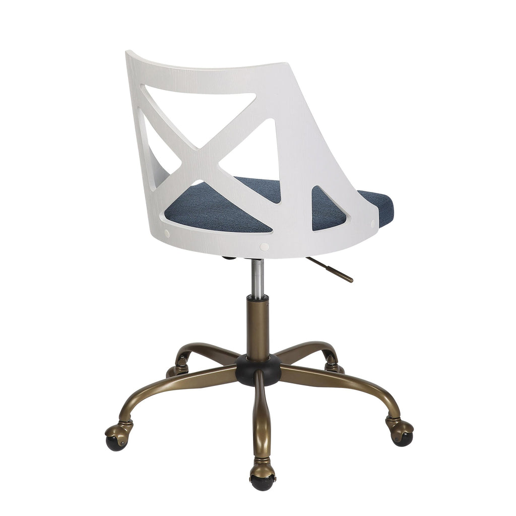 Charlotte Swivel Accent Chair - Antique Copper Metal, White Textured Wood, Blue Fabric