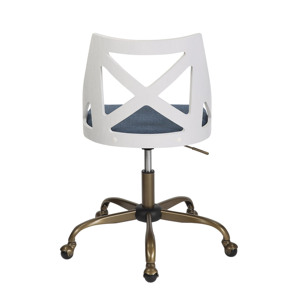 Charlotte Swivel Accent Chair - Antique Copper Metal, White Textured Wood, Blue Fabric