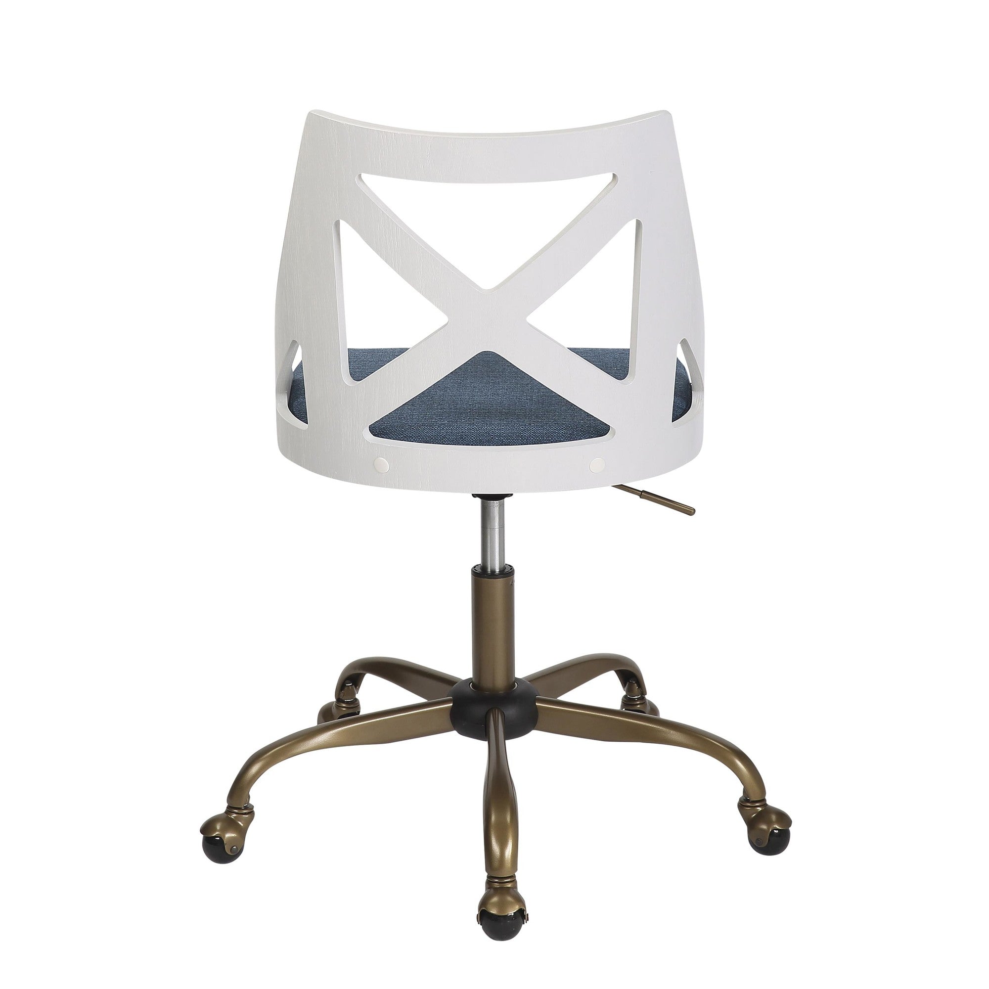 Charlotte Swivel Accent Chair - Antique Copper Metal, White Textured Wood, Blue Fabric