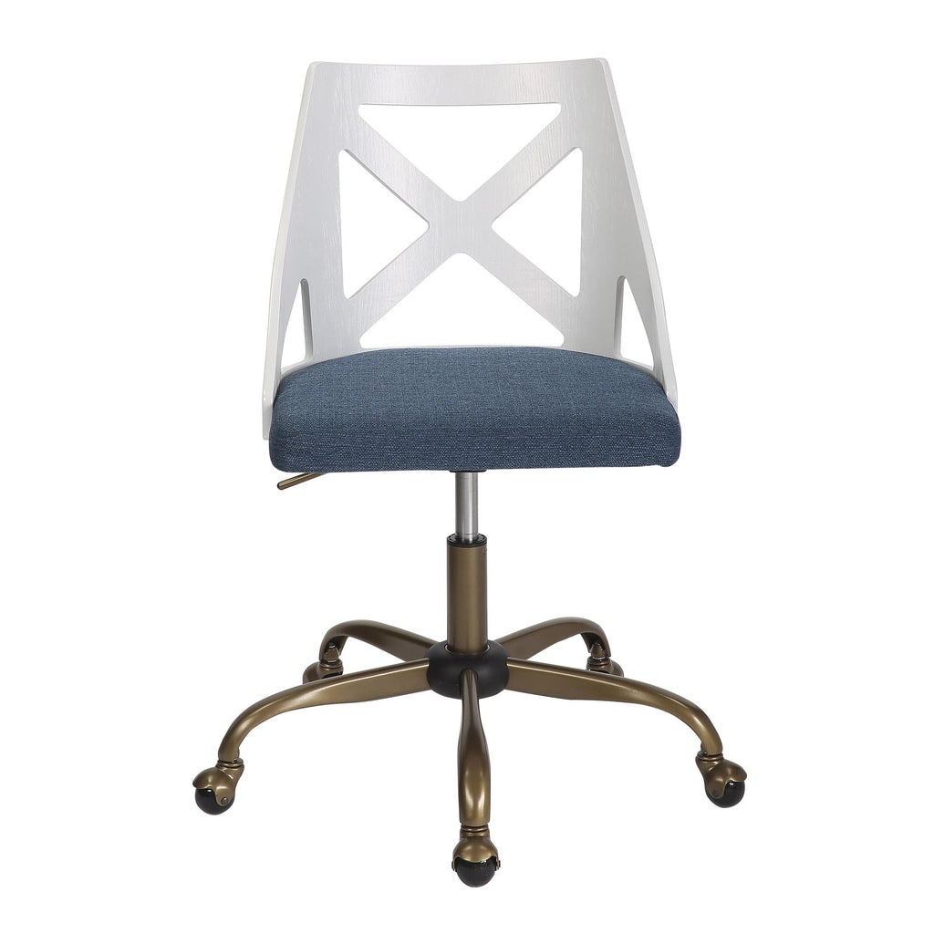 Charlotte Swivel Accent Chair - Antique Copper Metal, White Textured Wood, Blue Fabric