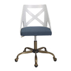 Charlotte Swivel Accent Chair - Antique Copper Metal, White Textured Wood, Blue Fabric