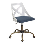 Charlotte Swivel Accent Chair - Antique Copper Metal, White Textured Wood, Blue Fabric