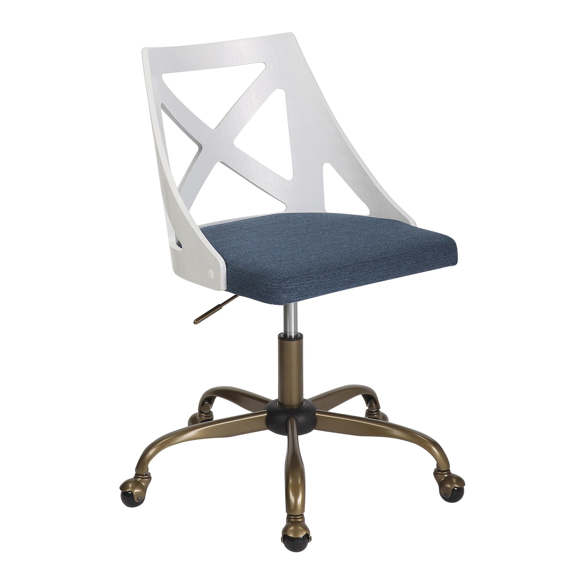 Charlotte Swivel Accent Chair - Antique Copper Metal, White Textured Wood, Blue Fabric