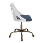 Charlotte Swivel Accent Chair - Antique Copper Metal, White Textured Wood, Blue Fabric
