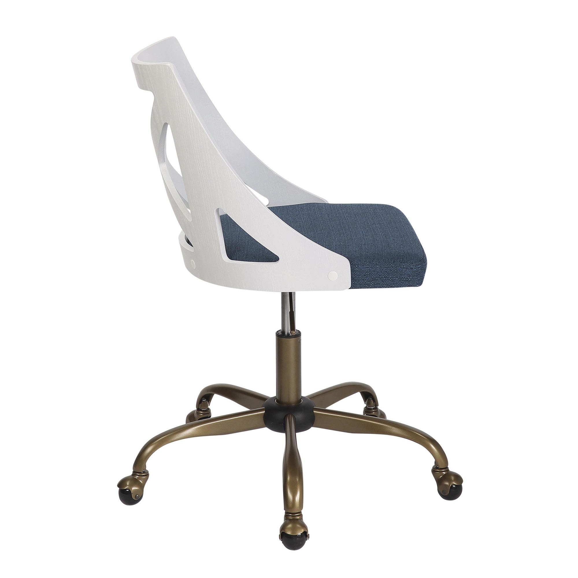 Charlotte Swivel Accent Chair - Antique Copper Metal, White Textured Wood, Blue Fabric
