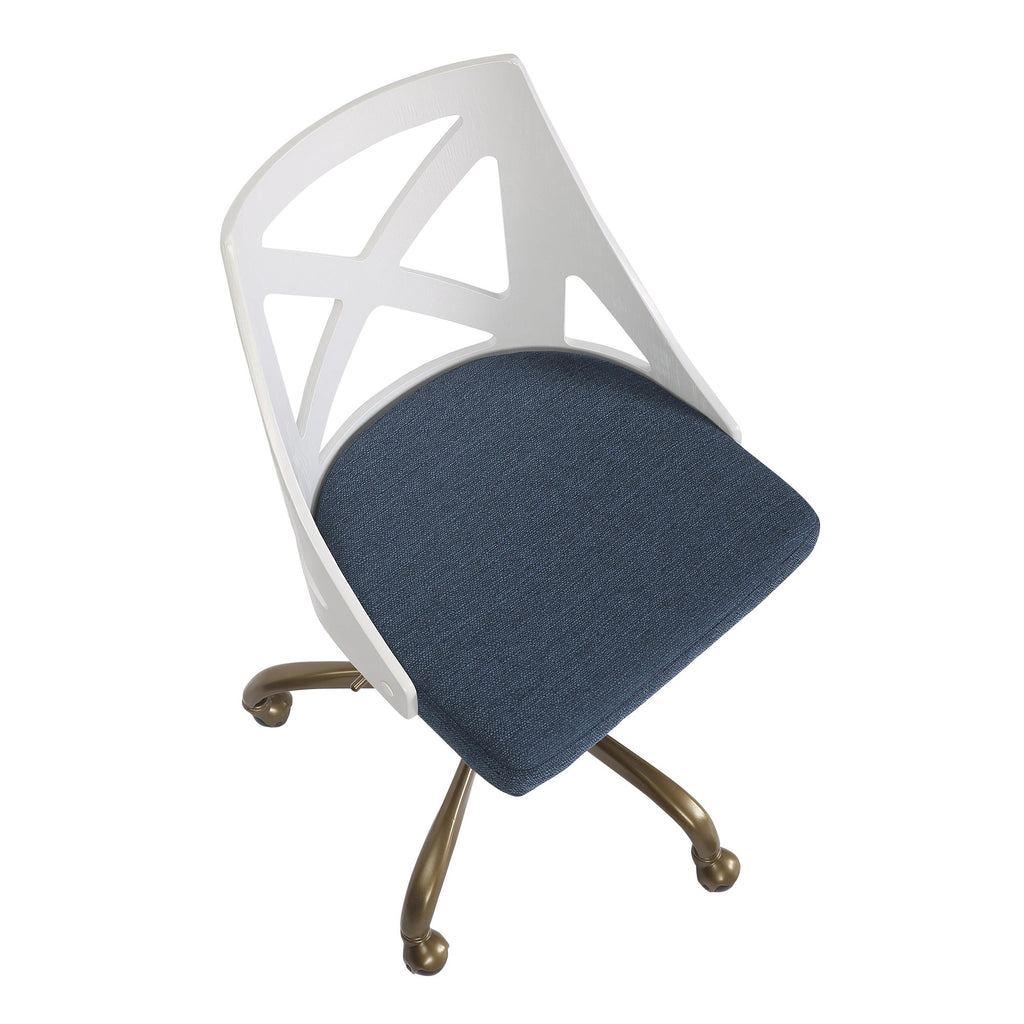 Charlotte Swivel Accent Chair - Antique Copper Metal, White Textured Wood, Blue Fabric