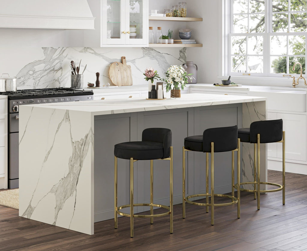 Chloe 26" Fixed-Height Counter Stool - Set of 2 - Gold Metal, Black Velvet