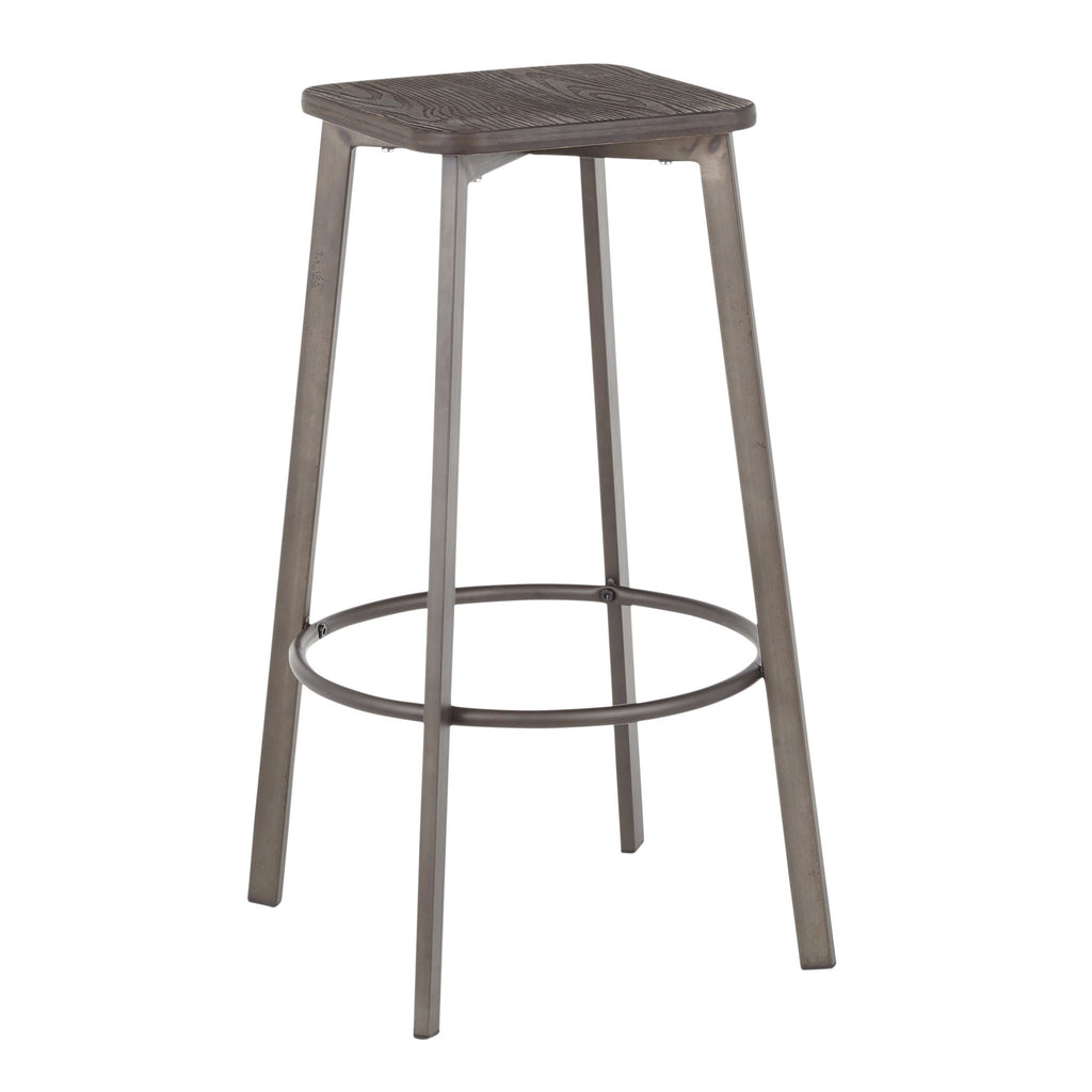 Clara Square 30" Fixed-Height Barstool - Set of 2 - Antique Metal, Espresso Bamboo