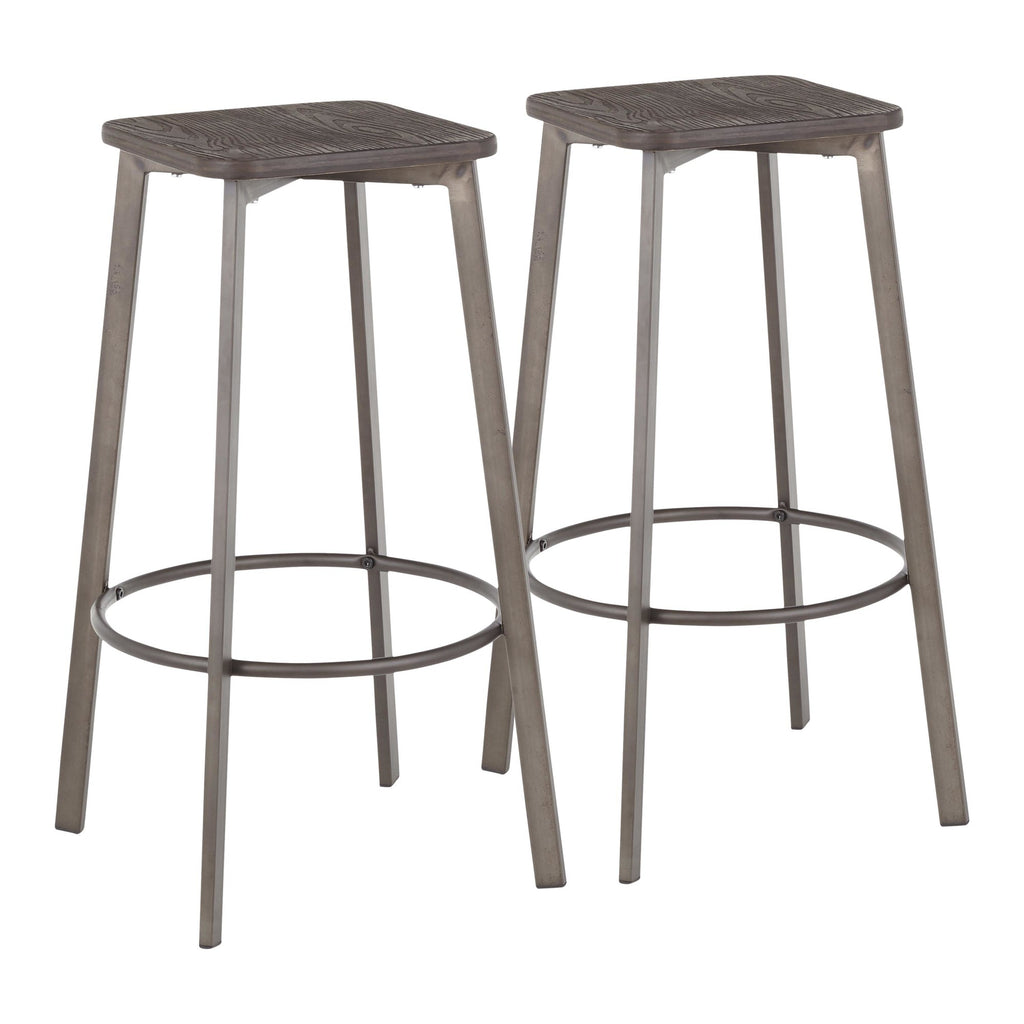 Clara Square 30" Fixed-Height Barstool - Set of 2 - Antique Metal, Espresso Bamboo