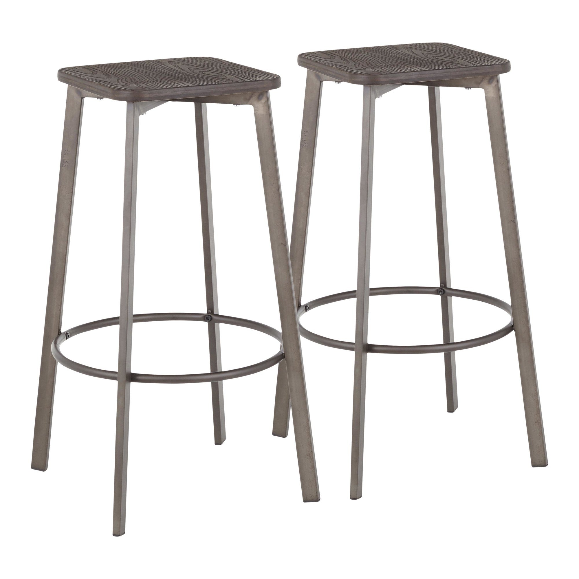 Clara Square 30" Fixed-Height Barstool - Set of 2 - Antique Metal, Espresso Bamboo