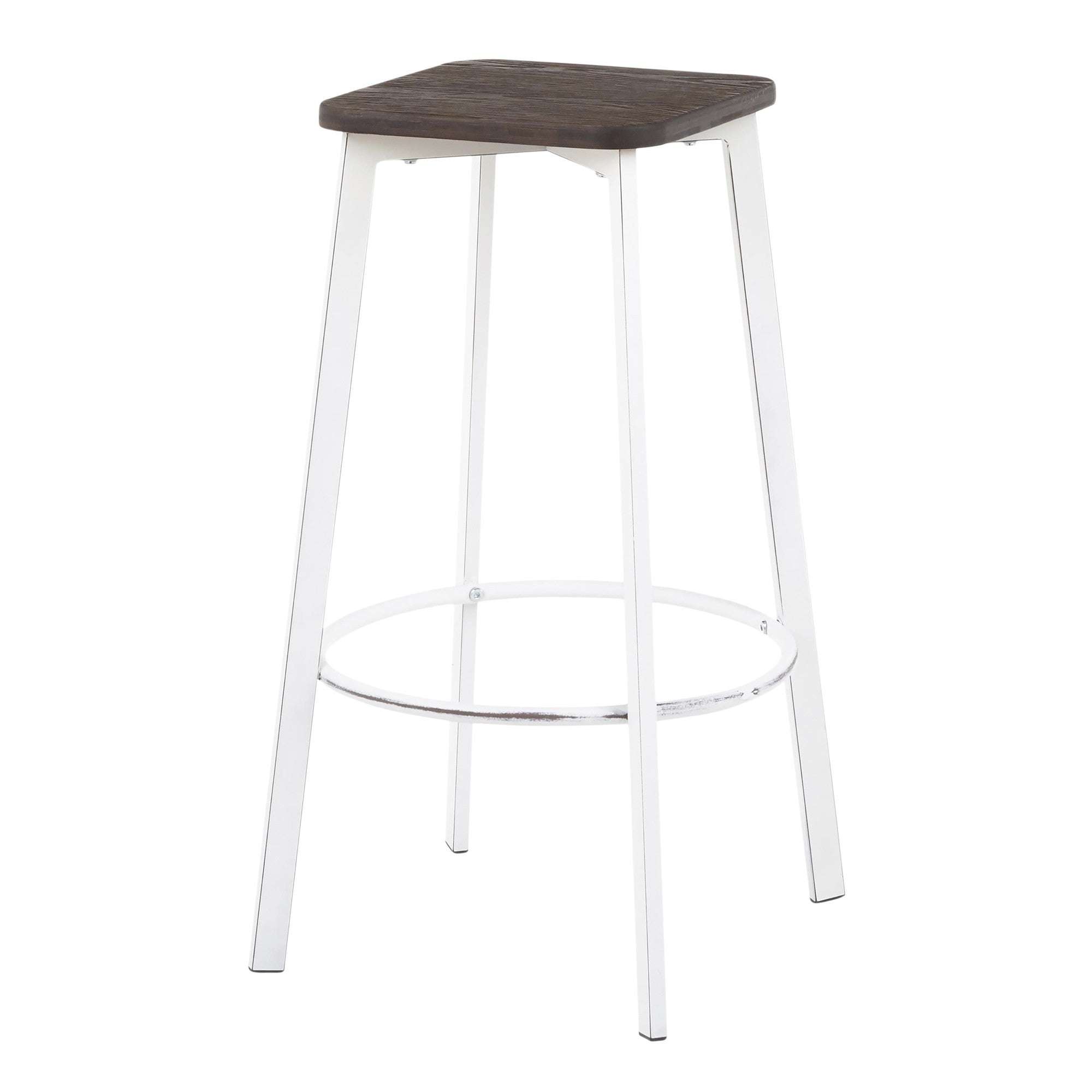 Clara Square 30" Fixed-Height Barstool - Set of 2 - Vintage White Metal, Espresso Bamboo