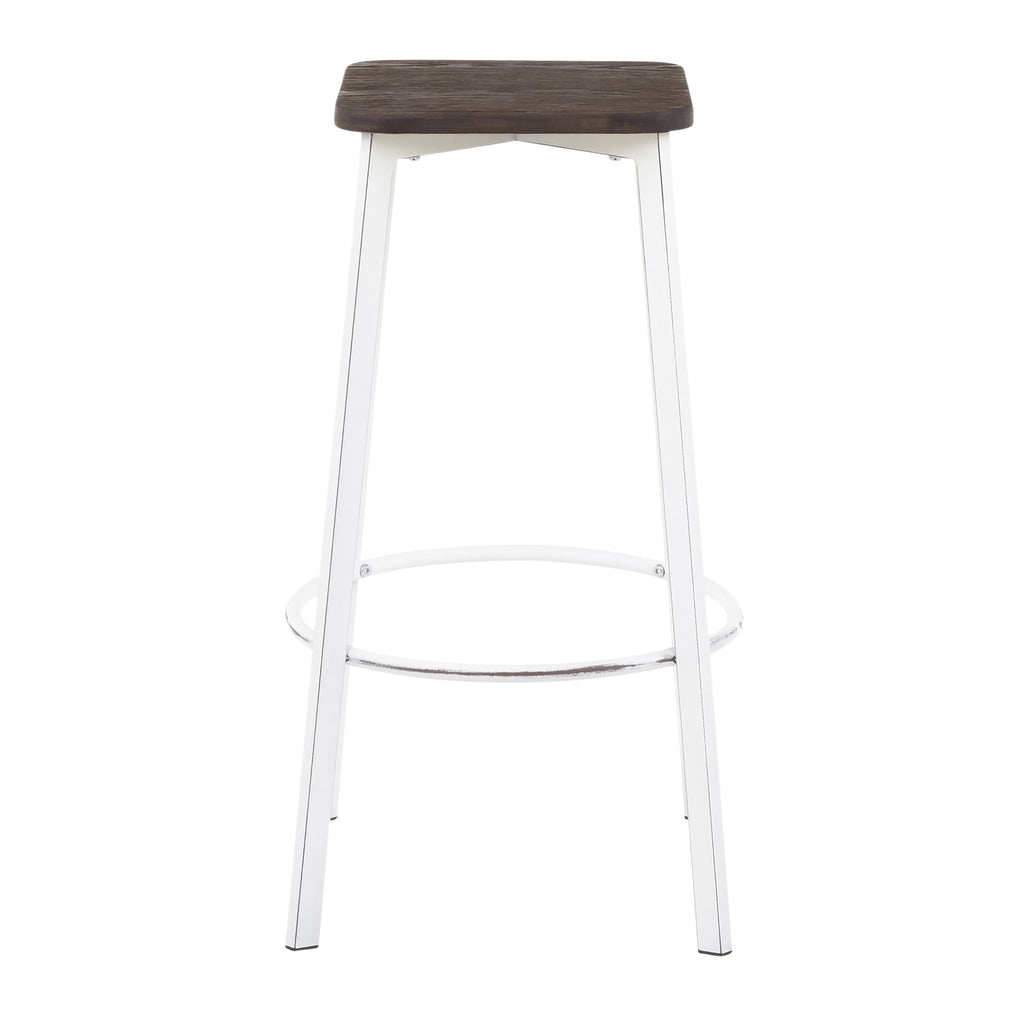 Clara Square 30" Fixed-Height Barstool - Set of 2 - Vintage White Metal, Espresso Bamboo