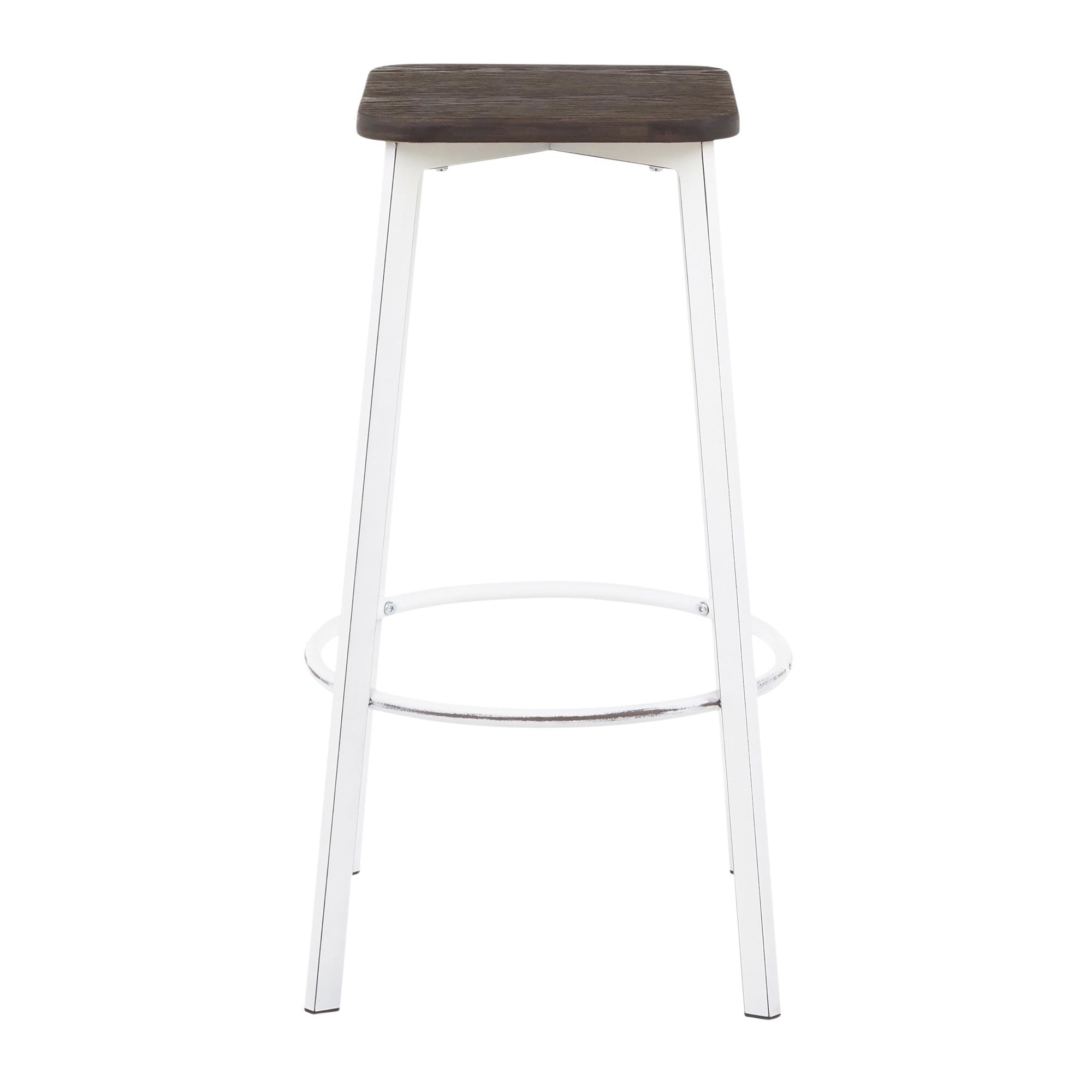 Clara Square 30" Fixed-Height Barstool - Set of 2 - Vintage White Metal, Espresso Bamboo