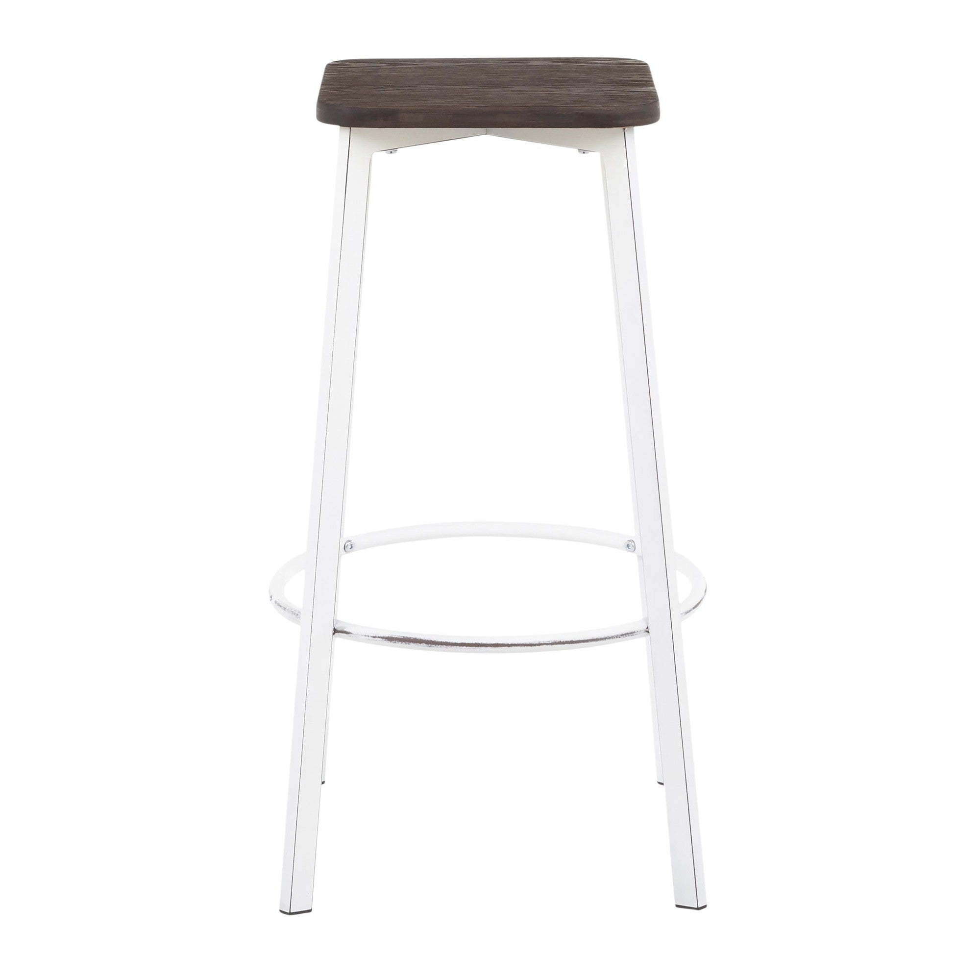 Clara Square 30" Fixed-Height Barstool - Set of 2 - Vintage White Metal, Espresso Bamboo