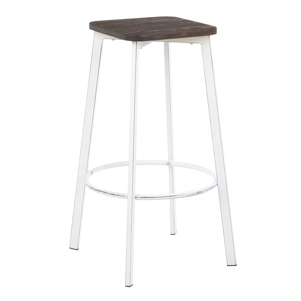 Clara Square 30" Fixed-Height Barstool - Set of 2 - Vintage White Metal, Espresso Bamboo