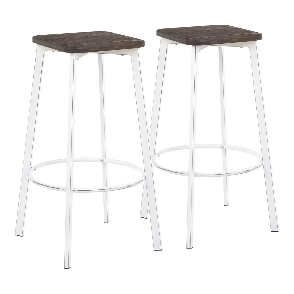 Clara Square 30" Fixed-Height Barstool - Set of 2 - Vintage White Metal, Espresso Bamboo