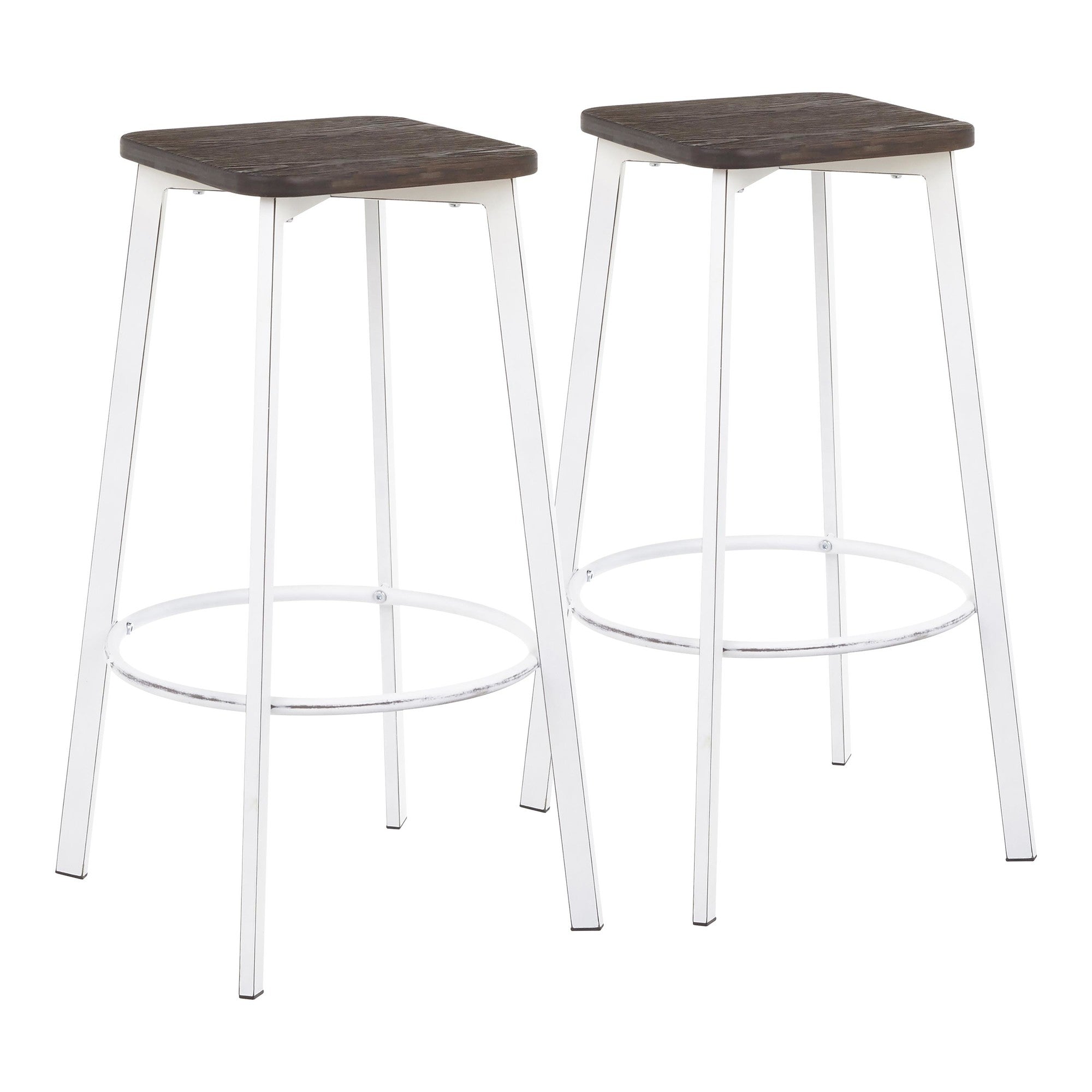 Clara Square 30" Fixed-Height Barstool - Set of 2 - Vintage White Metal, Espresso Bamboo
