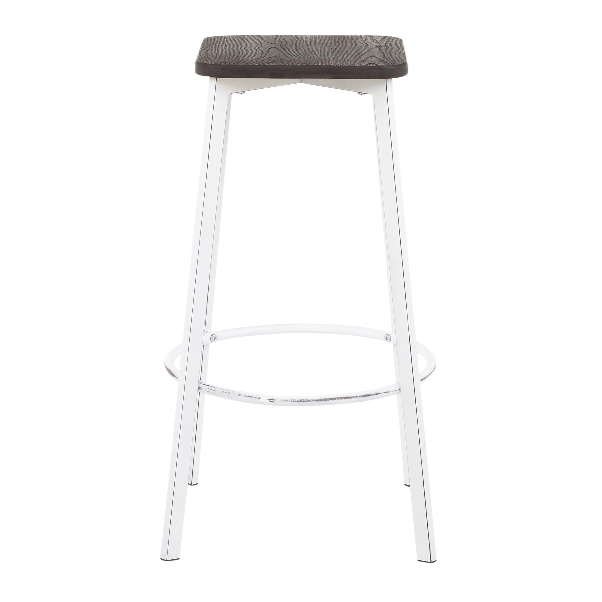 Clara Square 30" Fixed-Height Barstool - Set of 2 - Vintage White Metal, Espresso Bamboo