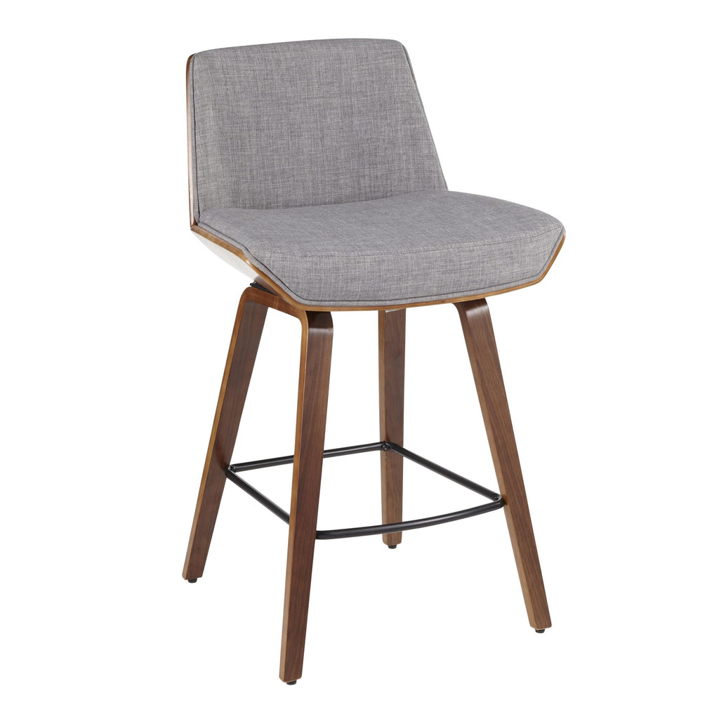 Corazza 26" Fixed-Height Counter Stool - Walnut Wood, Light Grey Fabric, Black Metal