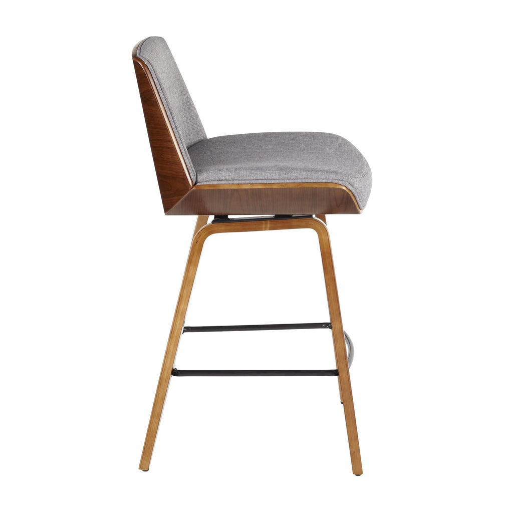 Corazza 26" Fixed-Height Counter Stool - Walnut Wood, Light Grey Fabric, Black Metal