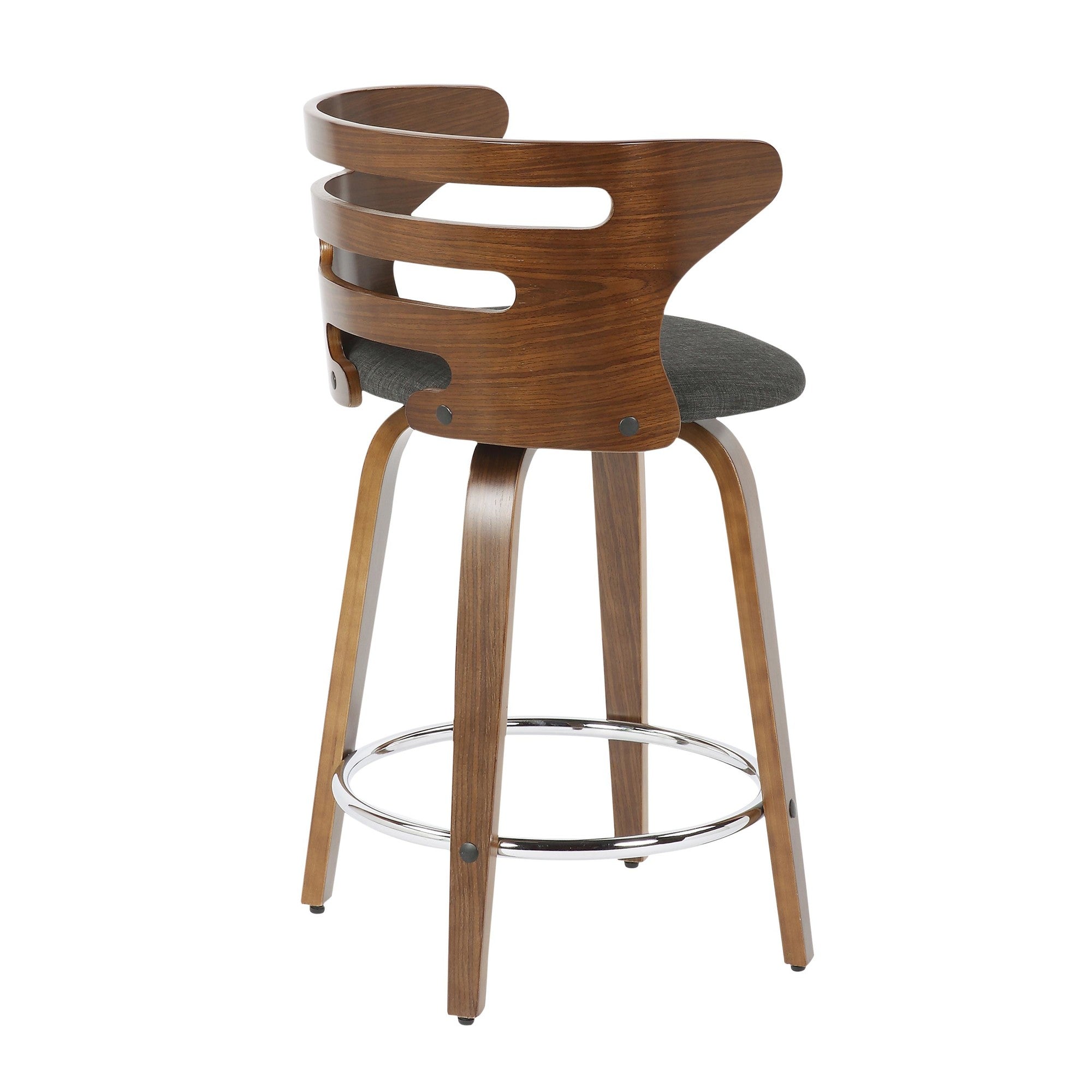 Cosini 24" Fixed-Height Counter Stool - Set of 2 - Walnut Wood, Charcoal Fabric, Chrome