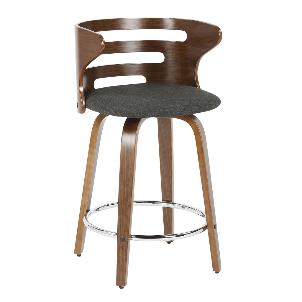 Cosini 24" Fixed-Height Counter Stool - Set of 2 - Walnut Wood, Charcoal Fabric, Chrome