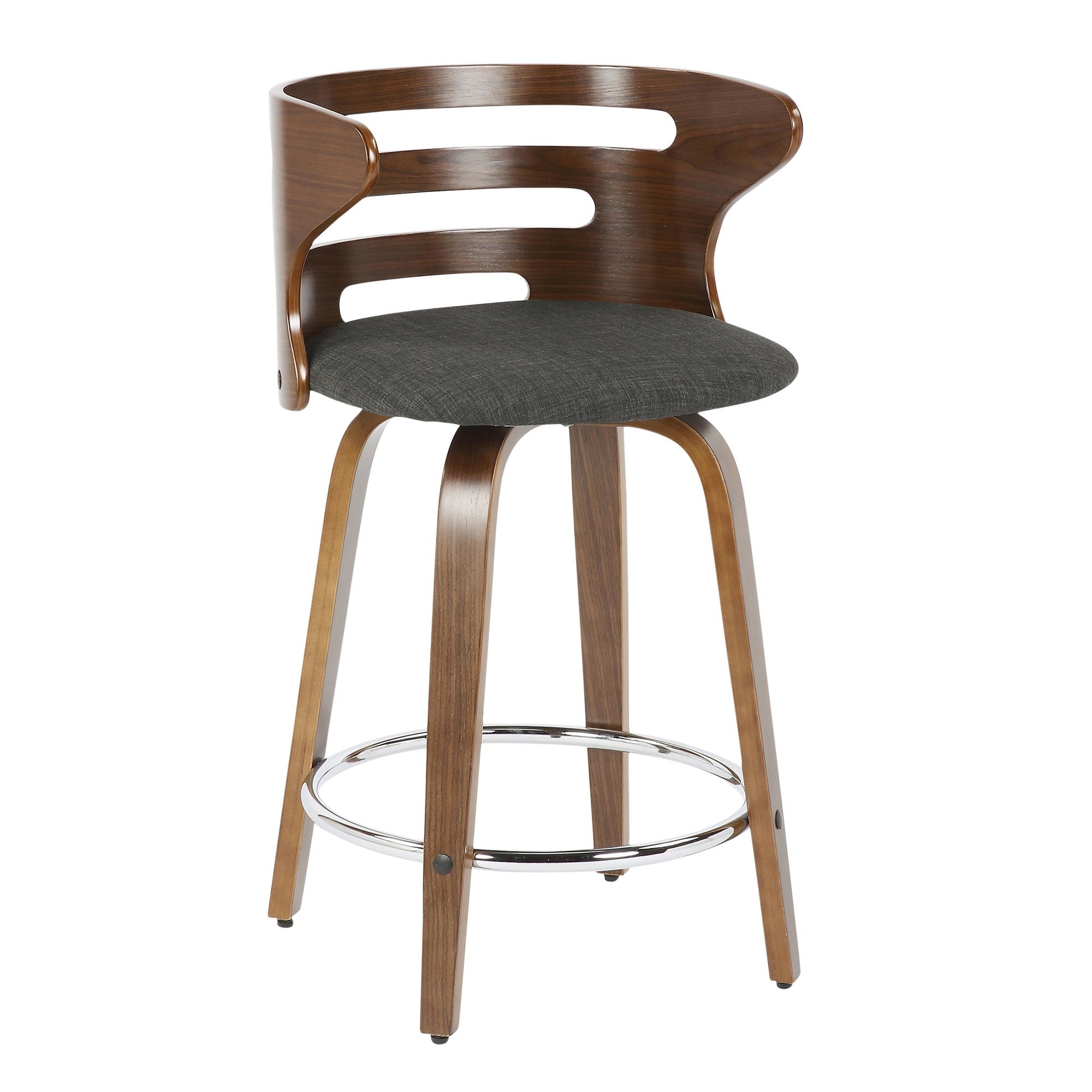 Cosini 24" Fixed-Height Counter Stool - Set of 2 - Walnut Wood, Charcoal Fabric, Chrome