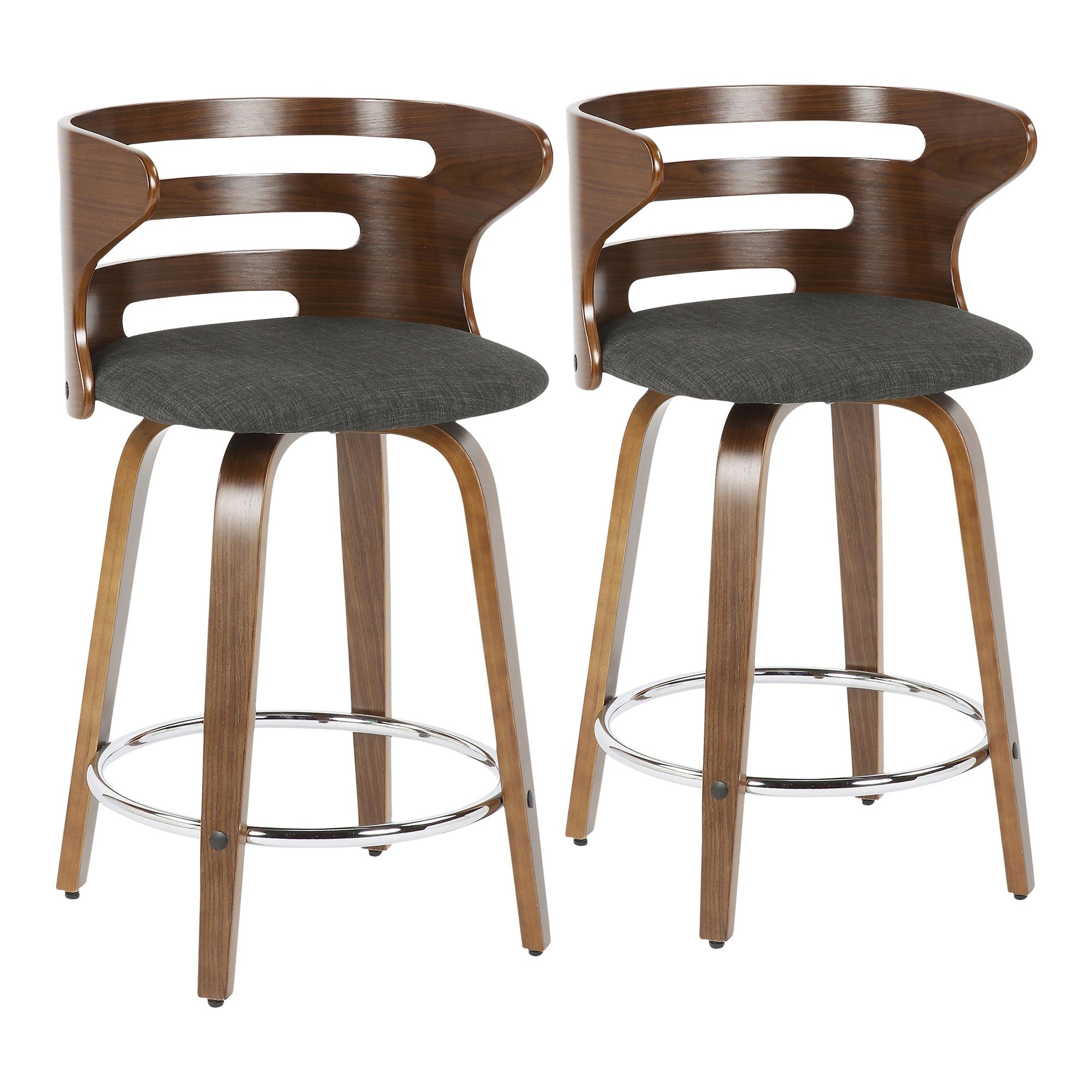 Cosini 24" Fixed-Height Counter Stool - Set of 2 - Walnut Wood, Charcoal Fabric, Chrome