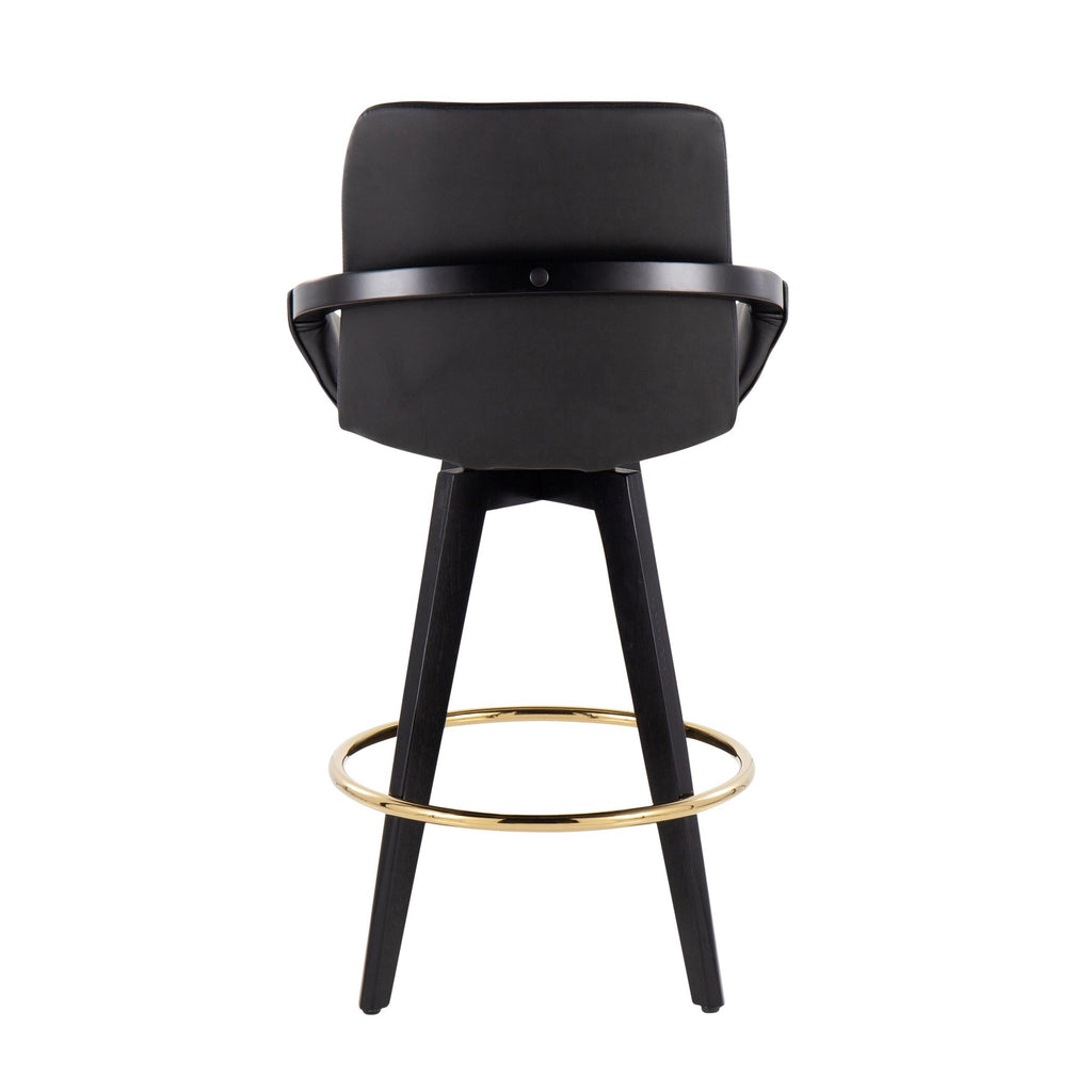 Cosmo 26" Fixed-Height Counter Stool - Set of 2 - Black Wood, Gold Metal, Black PU