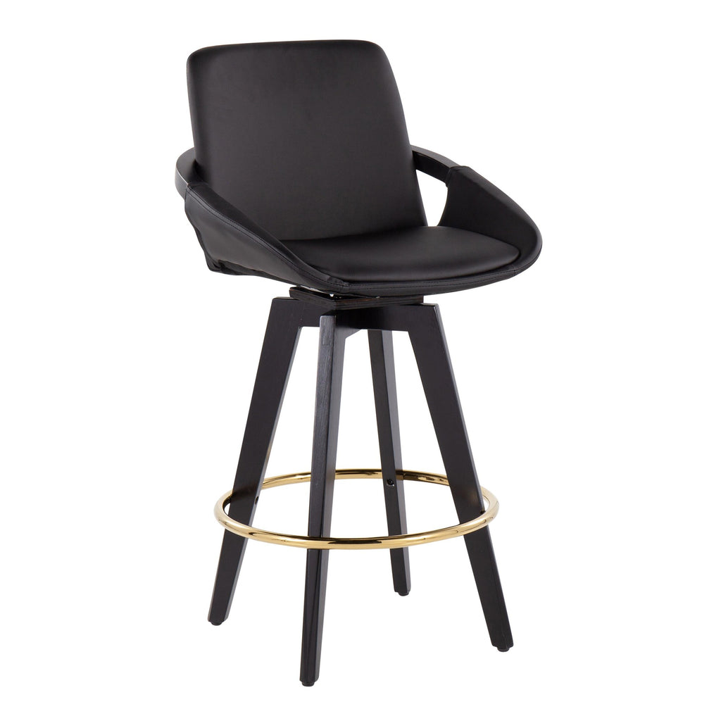 Cosmo 26" Fixed-Height Counter Stool - Set of 2 - Black Wood, Gold Metal, Black PU