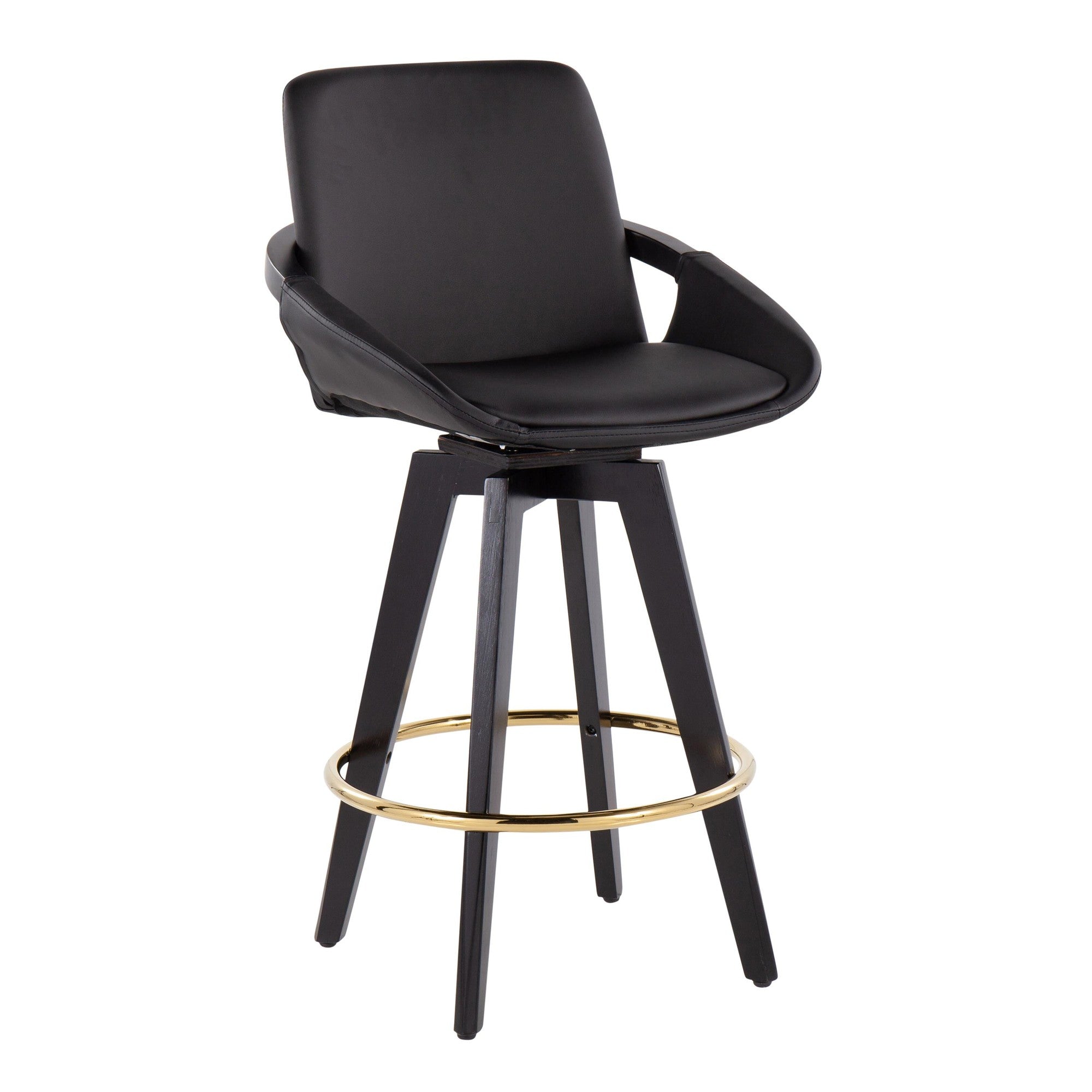 Cosmo 26" Fixed-Height Counter Stool - Set of 2 - Black Wood, Gold Metal, Black PU
