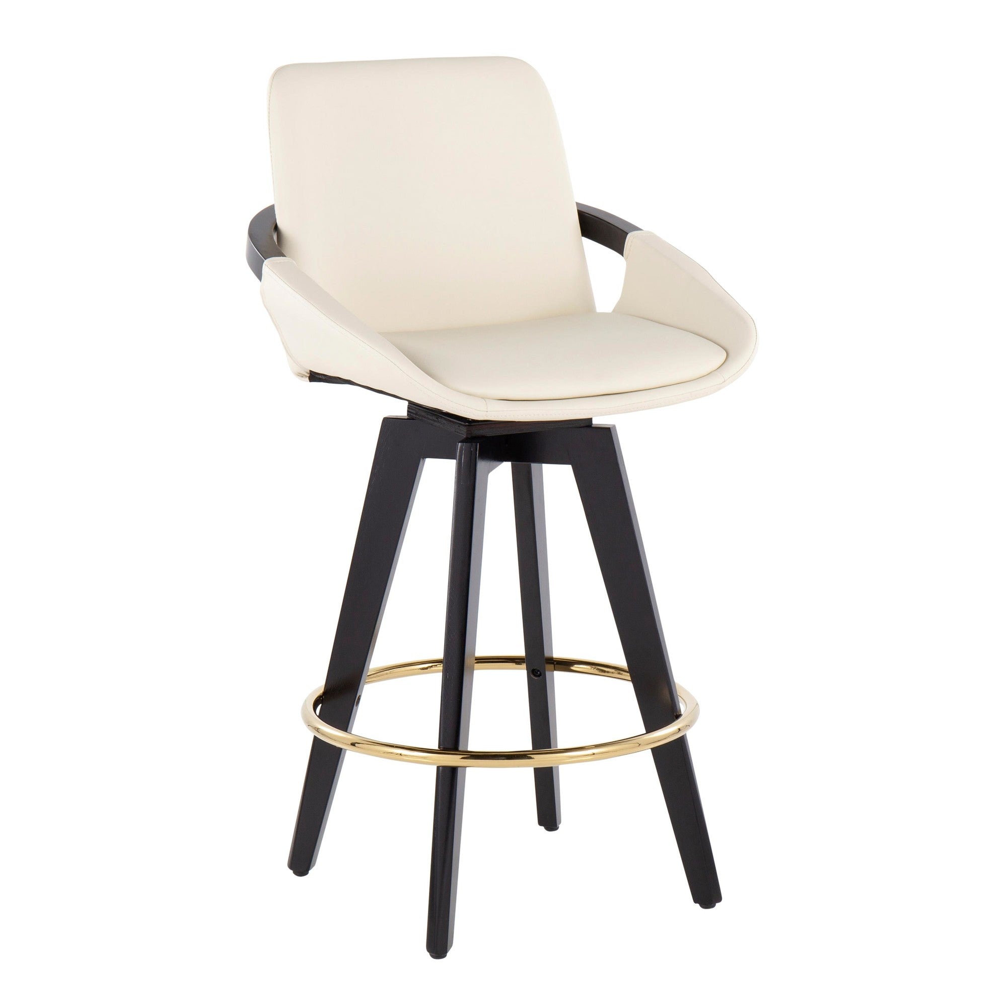 Cosmo 26" Fixed-Height Counter Stool - Set of 2 - Black Wood, Gold Metal, Cream PU