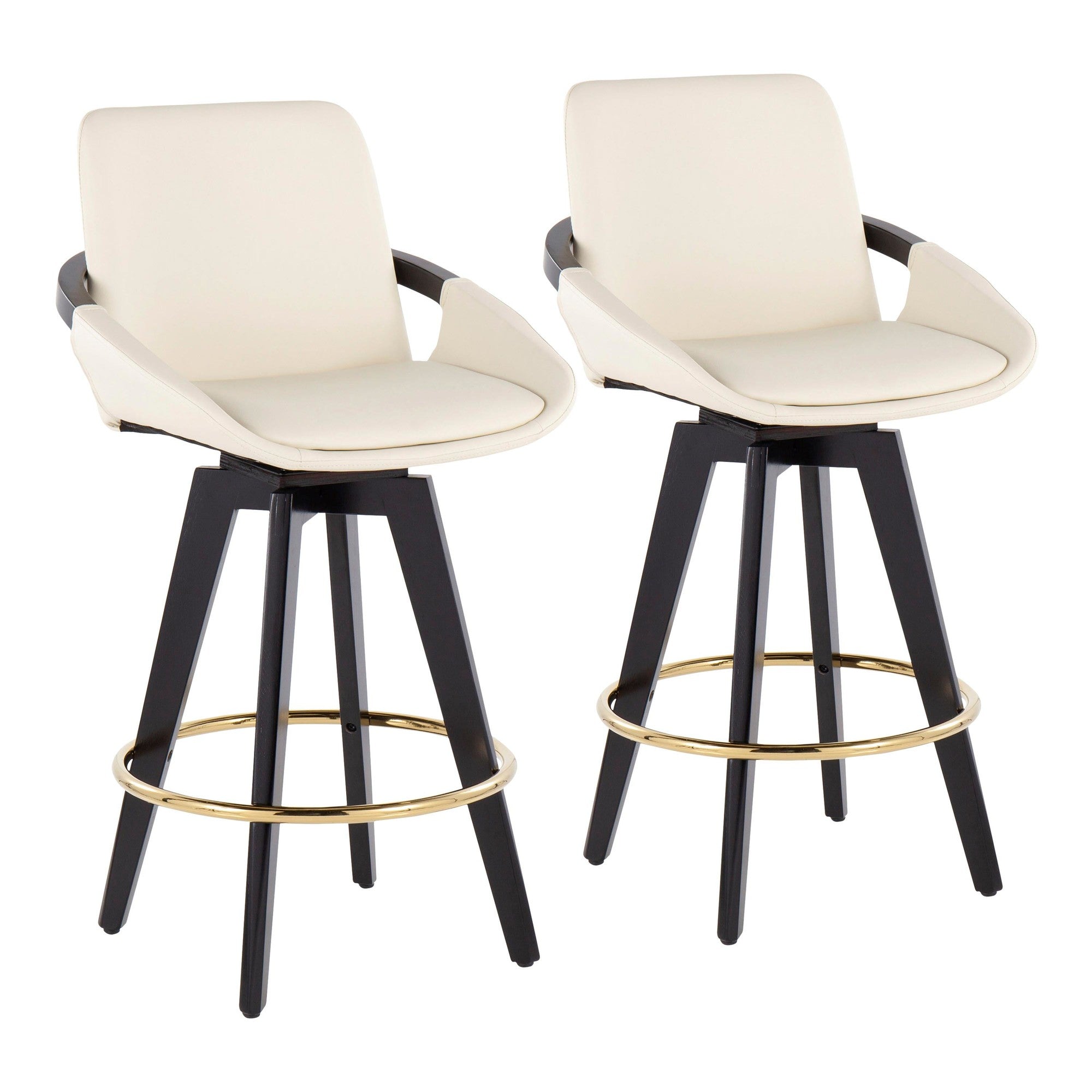 Cosmo 26" Fixed-Height Counter Stool - Set of 2 - Black Wood, Gold Metal, Cream PU