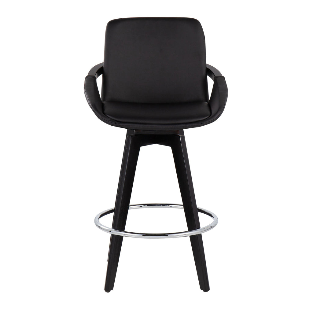 Cosmo 26" Fixed-Height Counter Stool - Set of 2 - Black Wood, Chrome, Black PU