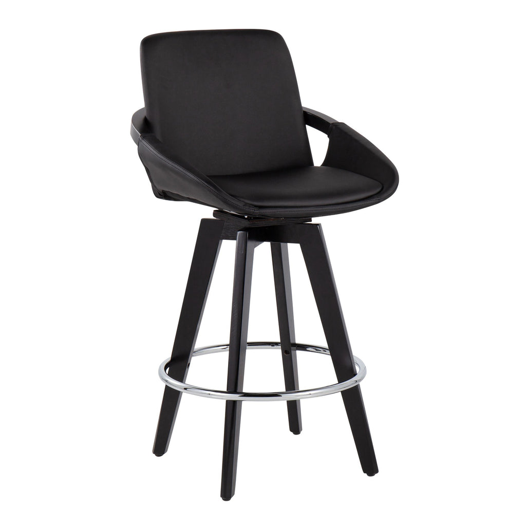 Cosmo 26" Fixed-Height Counter Stool - Set of 2 - Black Wood, Chrome, Black PU