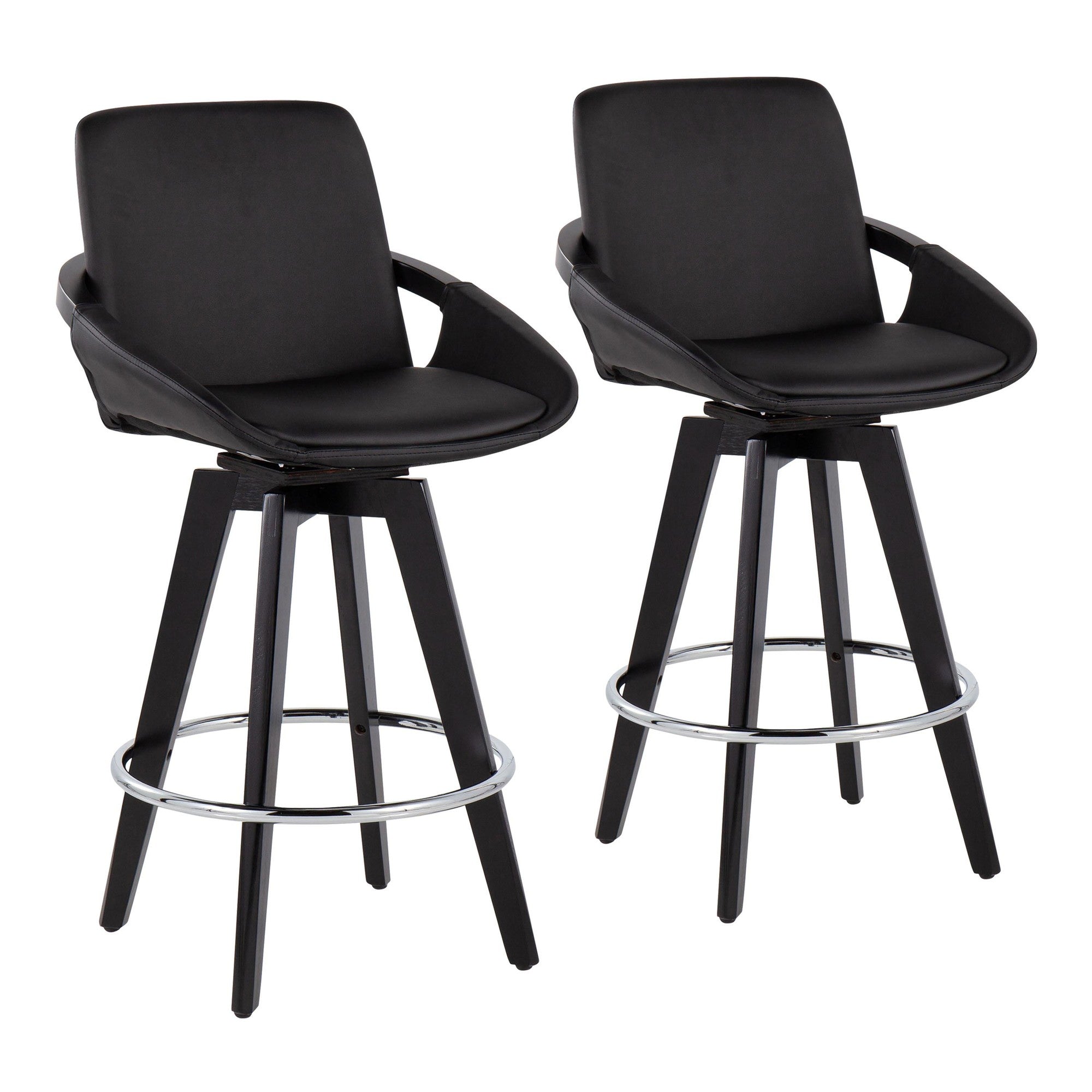 Cosmo 26" Fixed-Height Counter Stool - Set of 2 - Black Wood, Chrome, Black PU